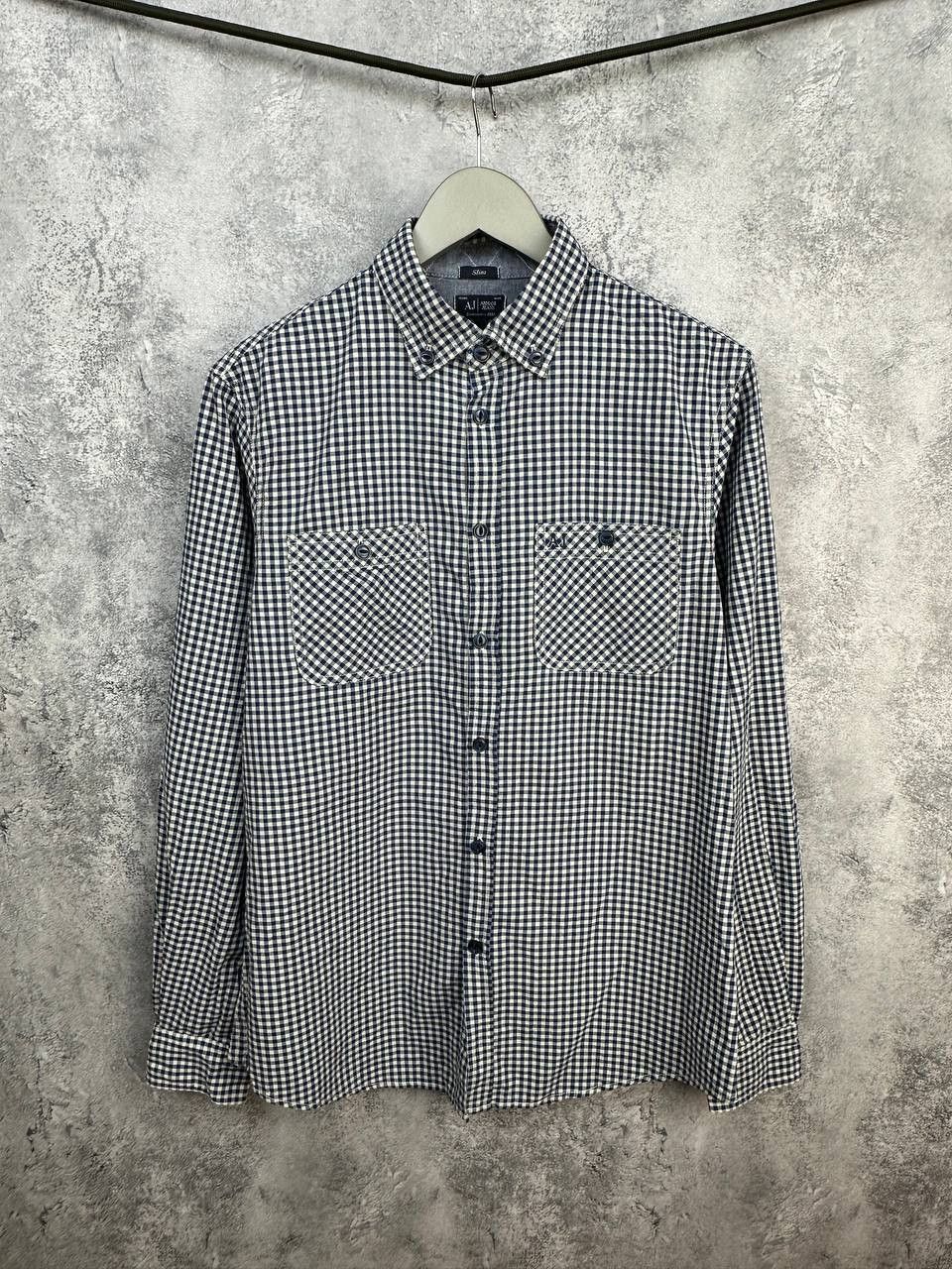 Armani Armani Jeans Micro Check Button Up Shirt Blue/White Pockets Size US M / EU 48-50 / 2 - 1 Thumbnail