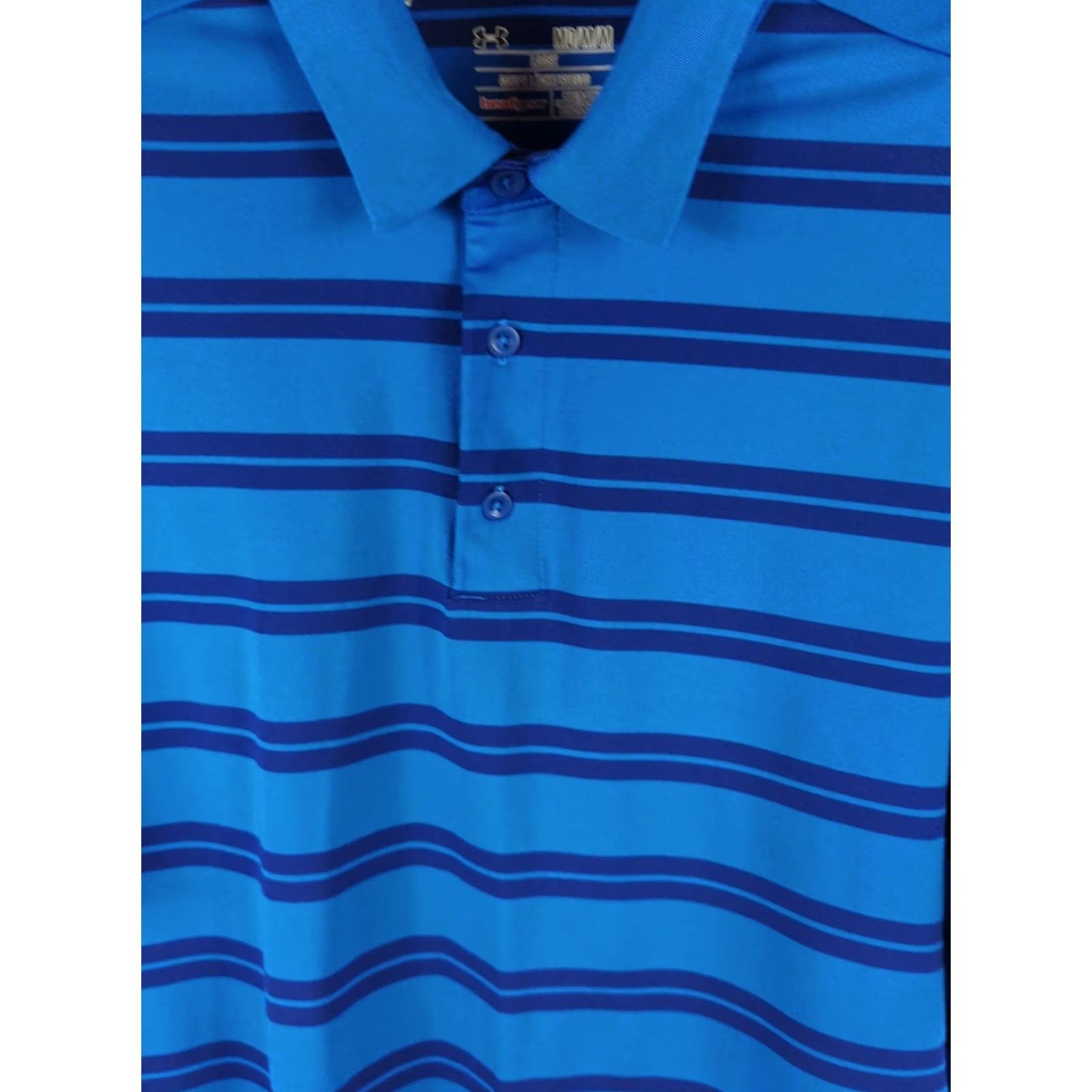 Under Armour Under Armour HeatGear Polo Shirt Blue Striped Short Sleeve Mens Medium Golf Regular Fit - 40 Chest | Polyester Blend Size US M / EU 48-50 / 2 - 2 Thumbnail