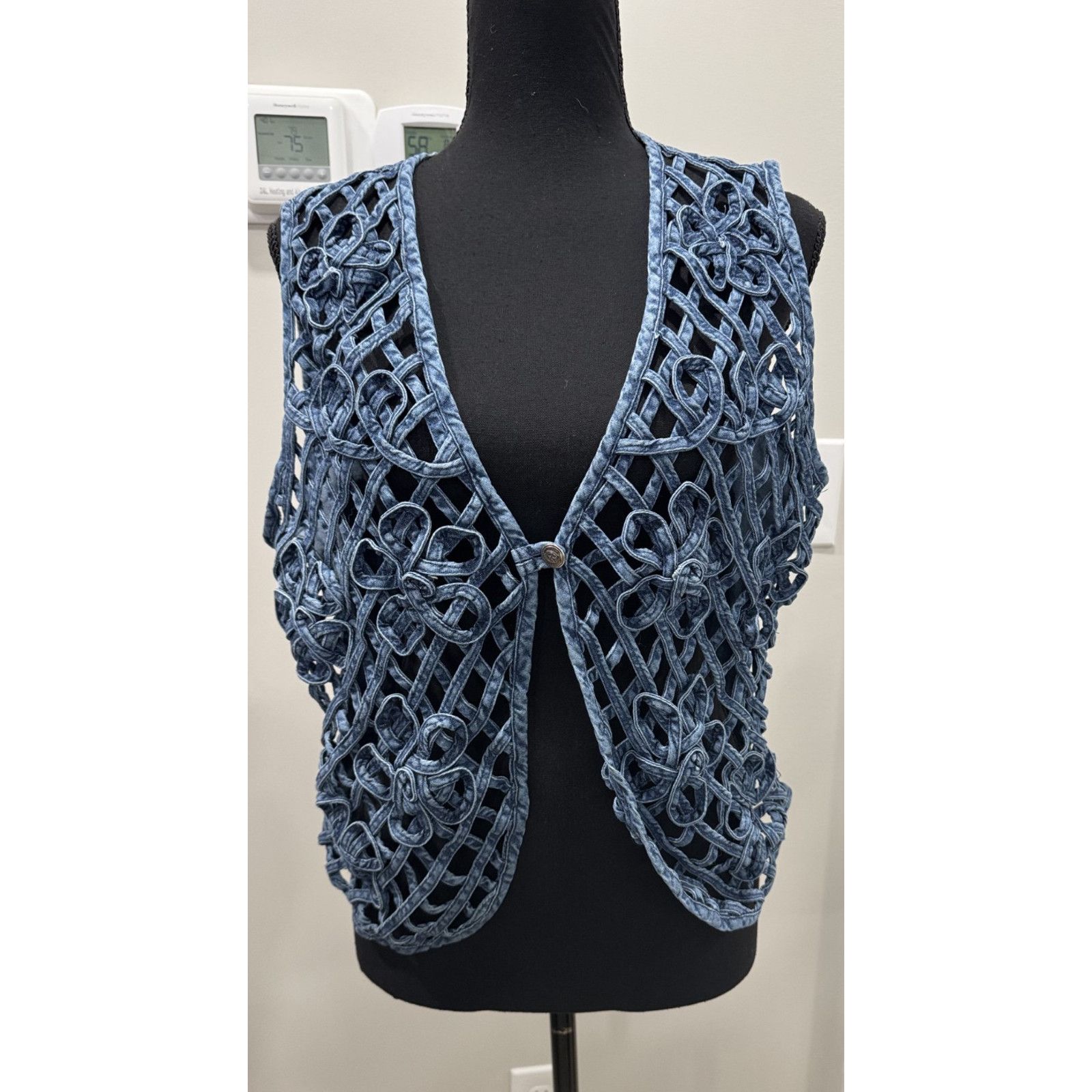 Other Vintage 90s Boho Denim Vest Floral Open Weave Crochet Large Size L / US 10 / IT 46 - 1 Thumbnail
