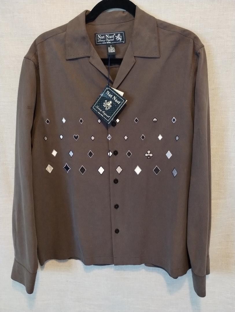 image of NWT Nat Nast Hand Embroidered 100% Silk Long Sleeve Shirt in Grey, Men's (Size Medium)