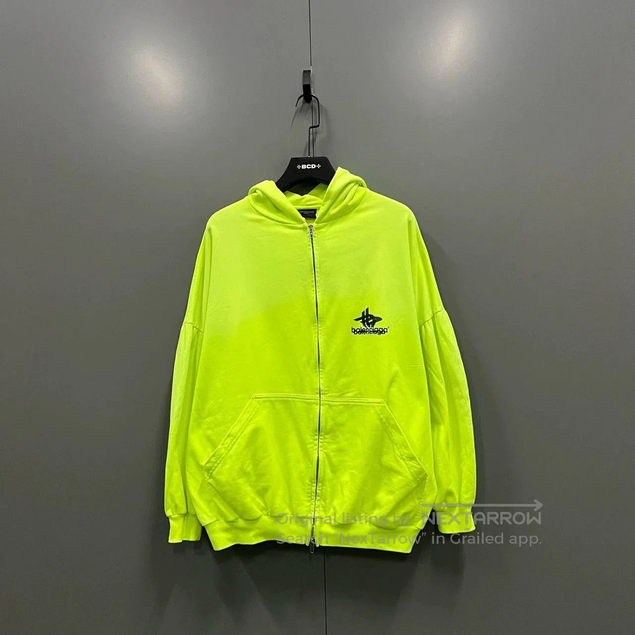 balenciaga neon yellow logo zip hoodie.