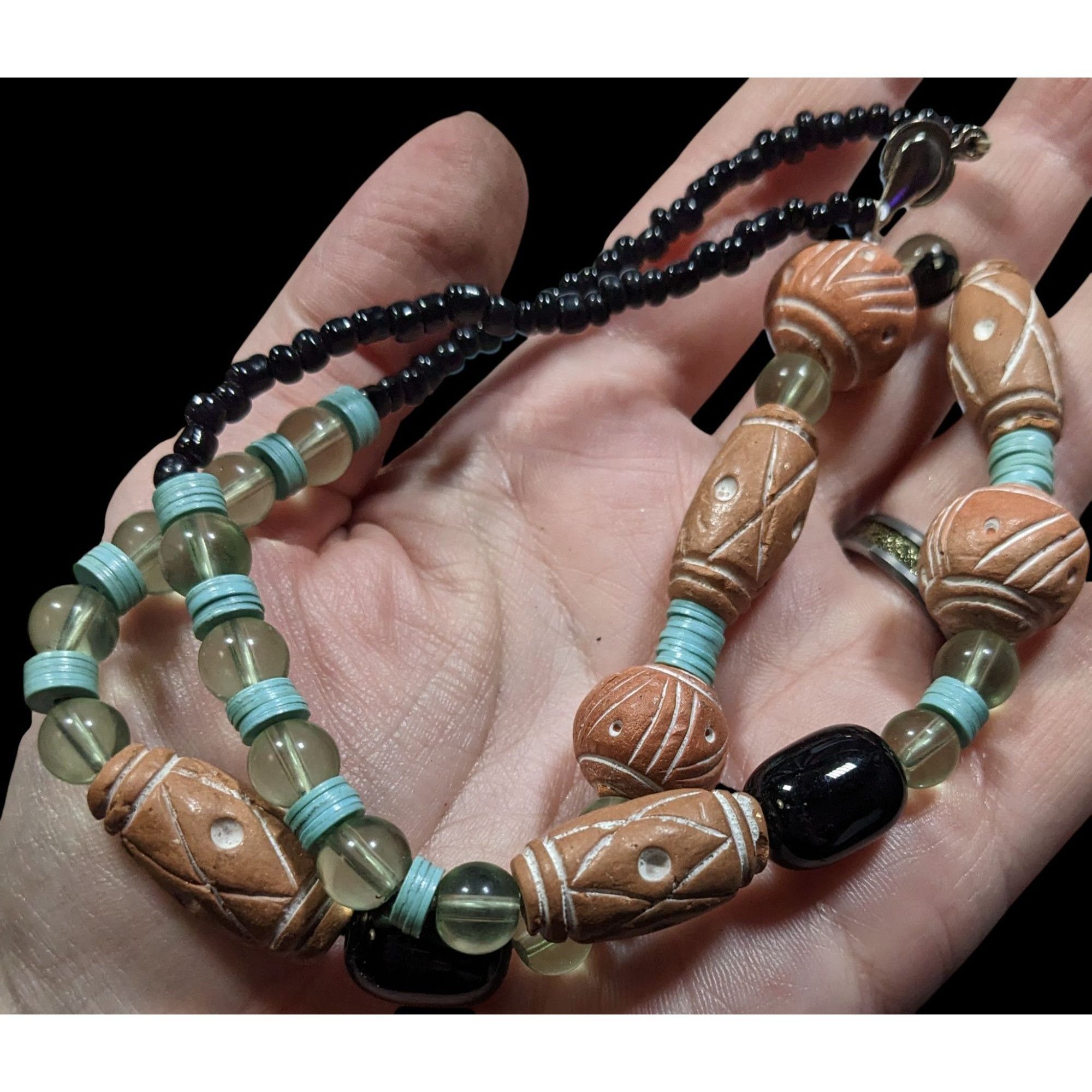 Other Vintage Handmade Rustic Clay And Glass Beaded Necklace Size ONE SIZE - 3 Thumbnail