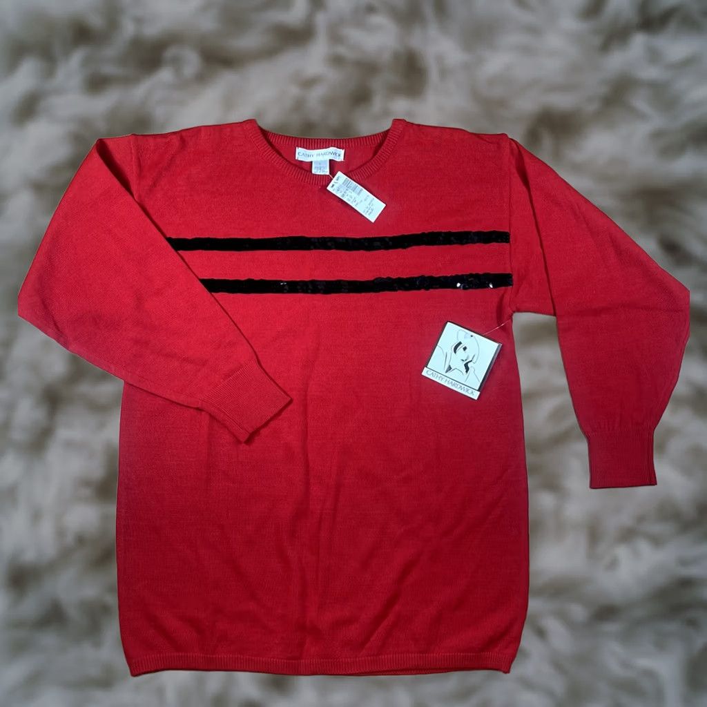 Vintage Cathy Hardwick Women’s Red Round Neck 3/4 Sleeve Knit Sweater Pullover Size L Size L / US 10 / IT 46 - 1 Thumbnail