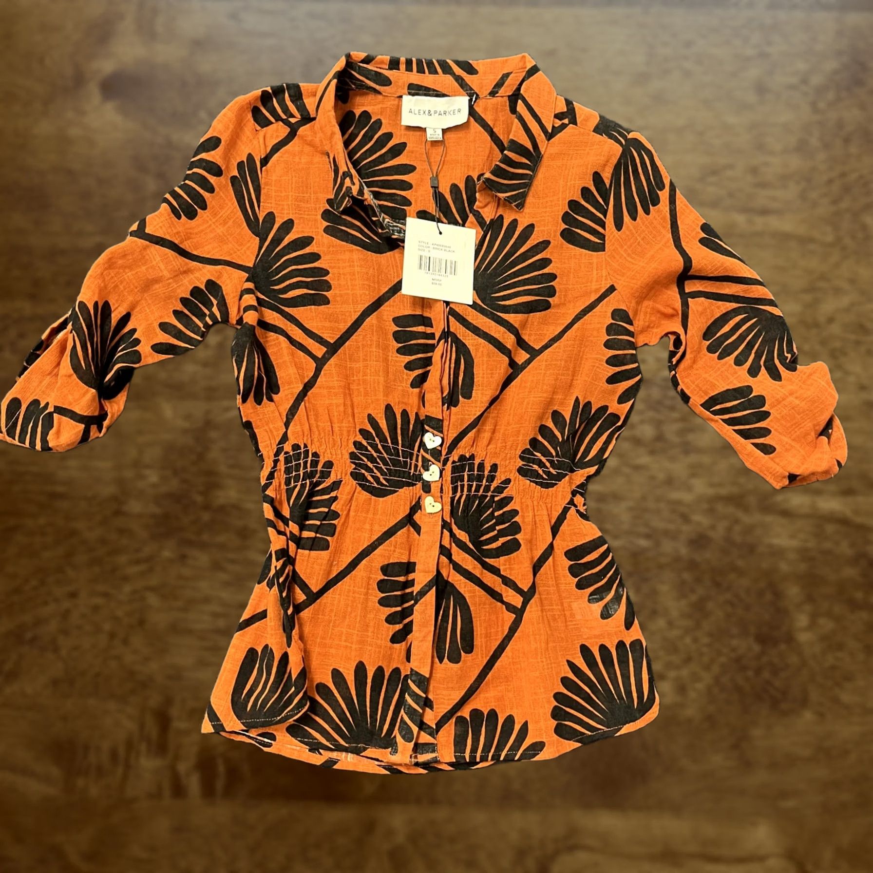 Parker Alex & Parker Shirt Womens Small Orange Black Floral Button Front Blouse Size S / US 4 / IT 40 - 1 Thumbnail