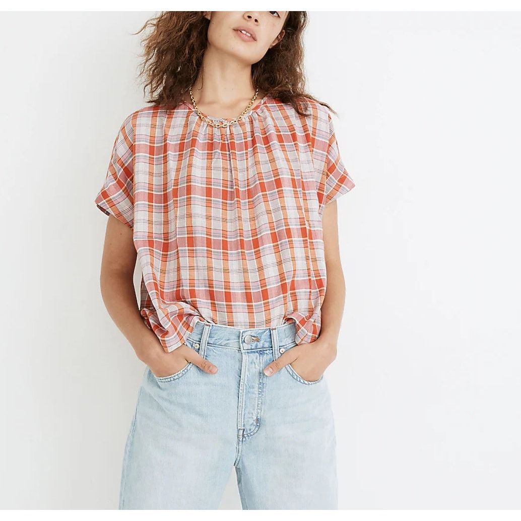 Madewell Madewell Plaid Shirred Neck Boxy Top Cotton Short Sleeve Size XXS / US 00 / IT 34 - 4 Thumbnail