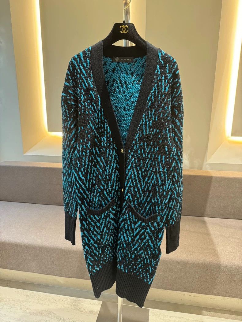 Versace Versace Blue and black patterned long wool cardigan button Size L / US 10 / IT 46 - 1 Thumbnail