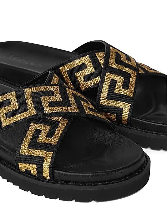 Versace os11x0326 La Greca Jacquard Slide Sandals in Black/Gold Size US 11 / EU 44 - 3 Thumbnail