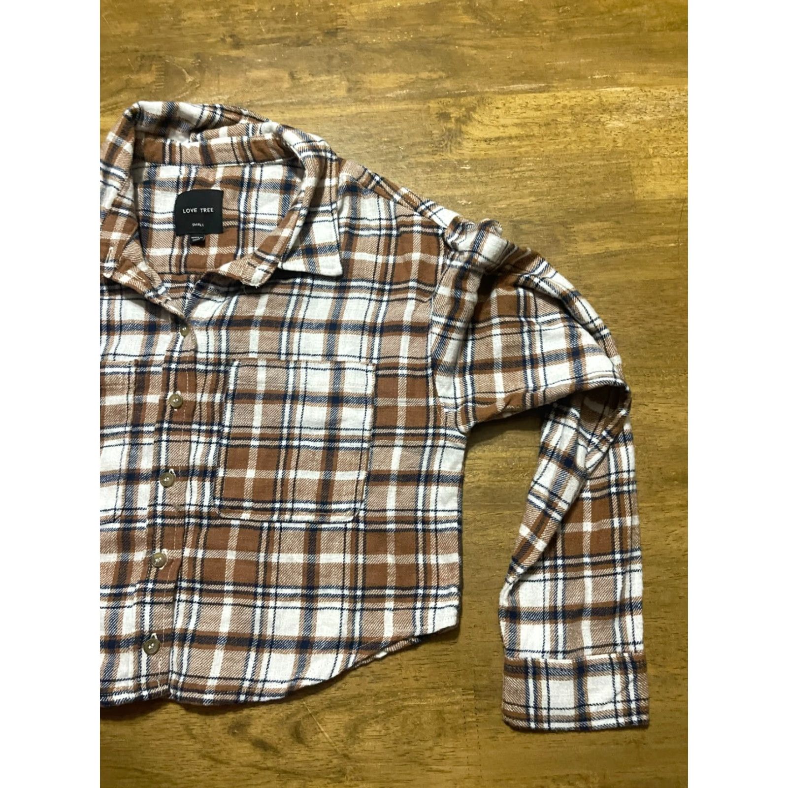 Vintage Love Tree Shirt Womens Small Crop Top Button Up Plaid Brown White Black Cropped Fall Spring Long Sleeve Collared Button-Down Womens Size S / US 4 / IT 40 - 4 Thumbnail