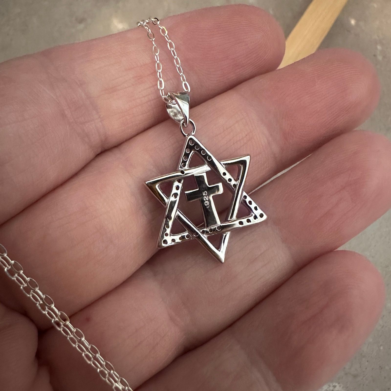 The Unbranded Brand Star of David & Cross CZ Lab Opal Sterling Silver Necklace Size ONE SIZE - 3 Thumbnail