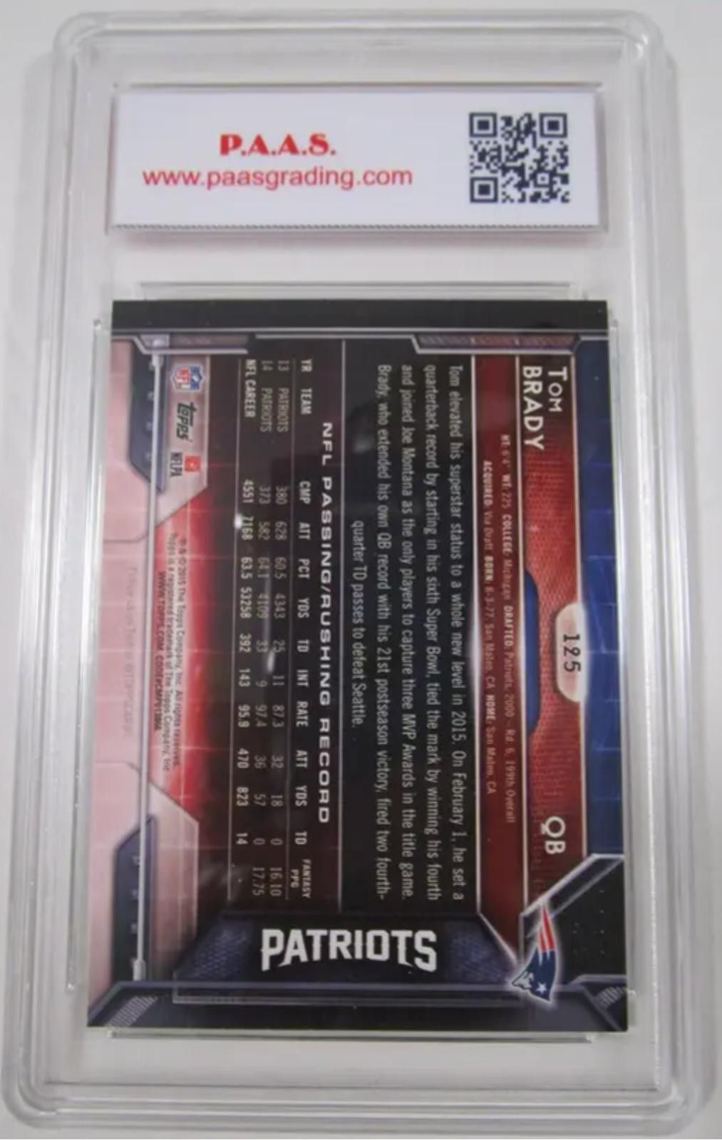 Other Tom Brady Patriots 2015 Topps #125 graded PAAS Gem Mint 9.5 Size ONE SIZE - 2 Thumbnail