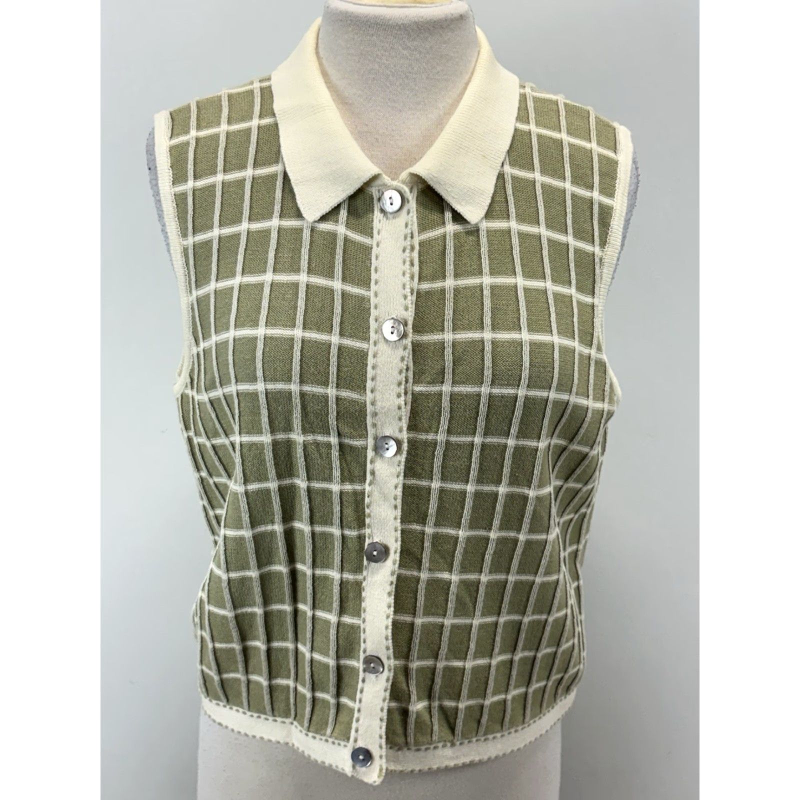 Vintage VINTAGE Liz Sport Sweater Vest Women’s Petite L Green Check College Soft Girl Indie 90s Cottage Core Knit Collared Sleeveless Cotton Vest Womens Size L / US 10 / IT 46 - 2 Thumbnail