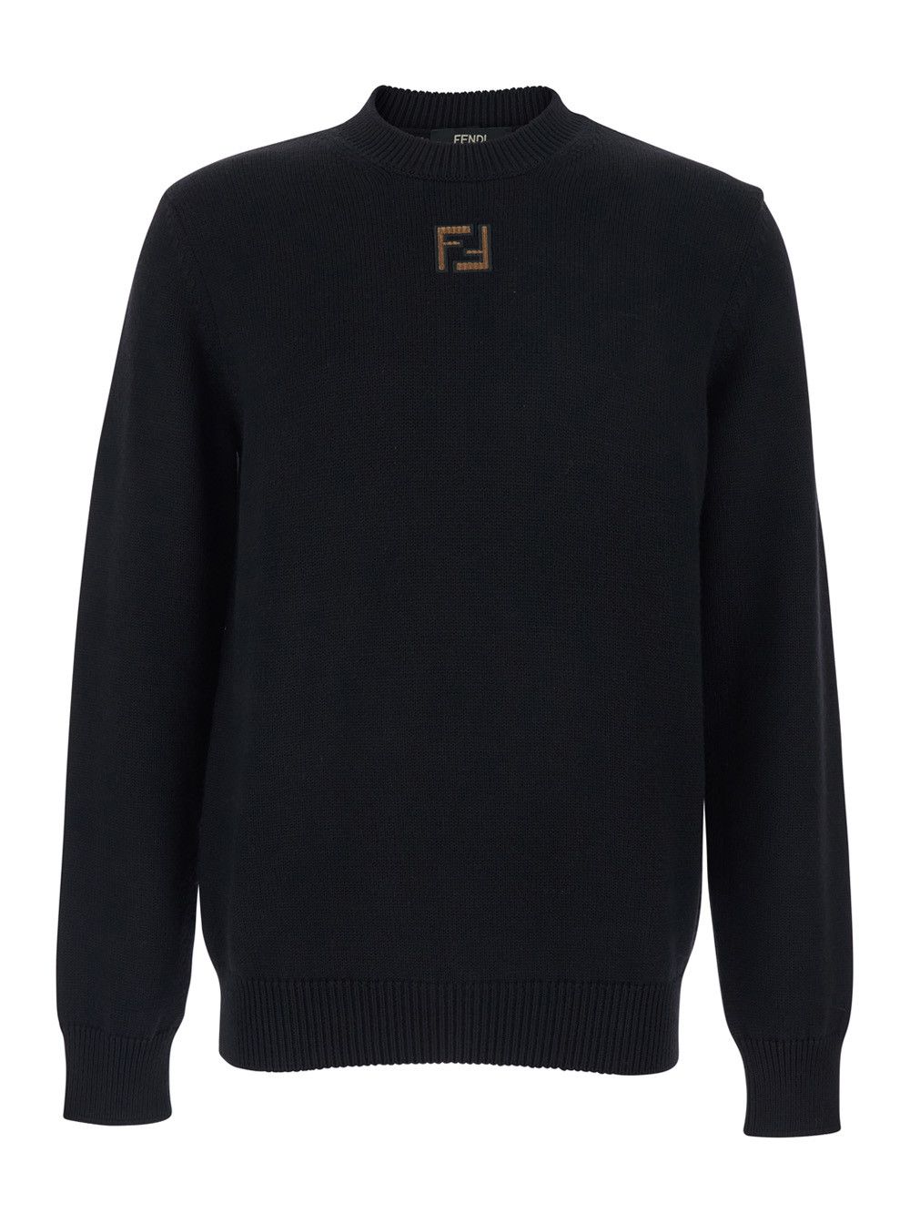 Fendi Black Crewneck Sweater with FF Embroidery on the Front in Wool for Men Size US M / EU 48-50 / 2 - 1 Thumbnail