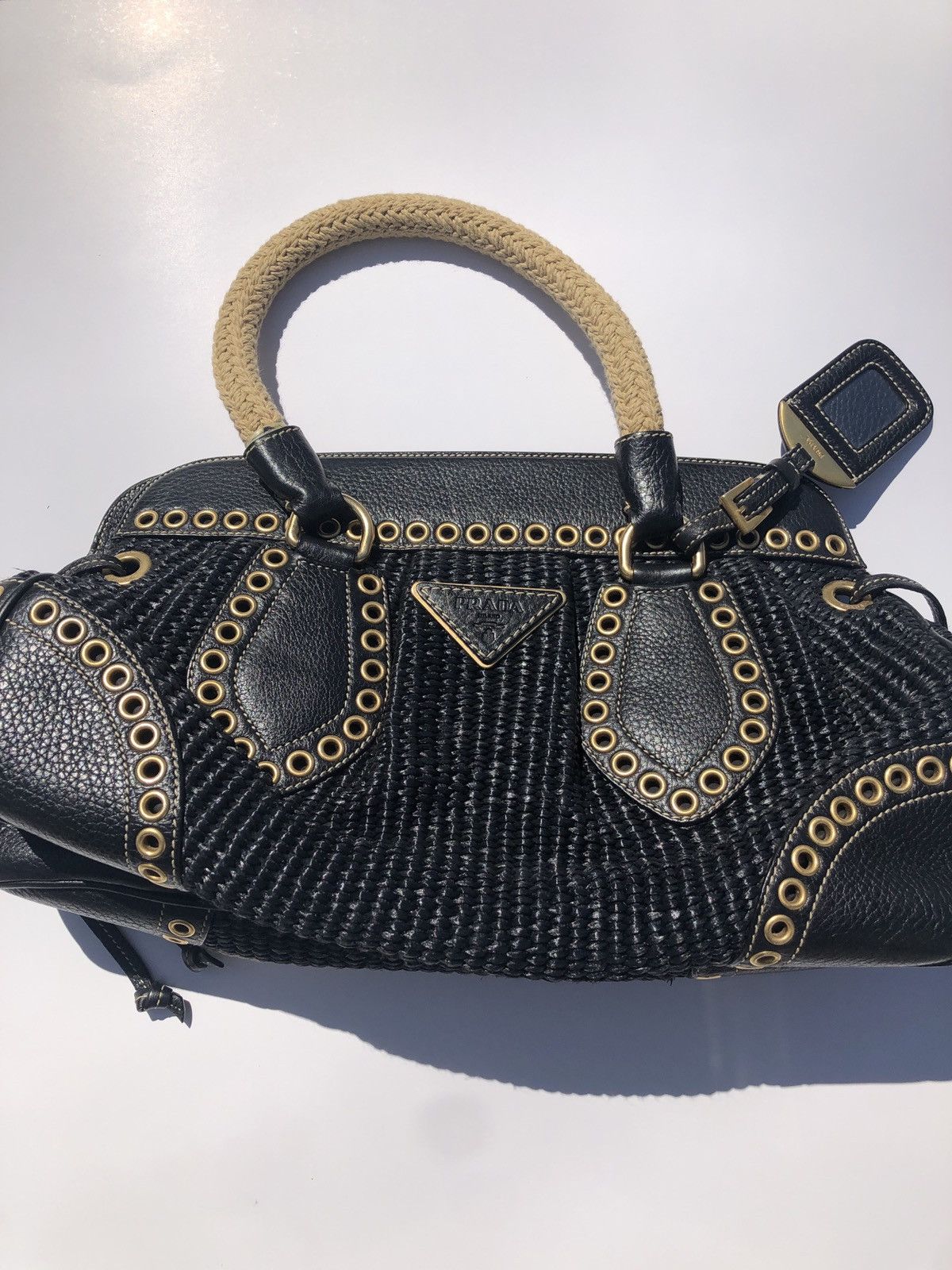 image of Prada Frame Satchel Woven Raffia Small in Black, Women's