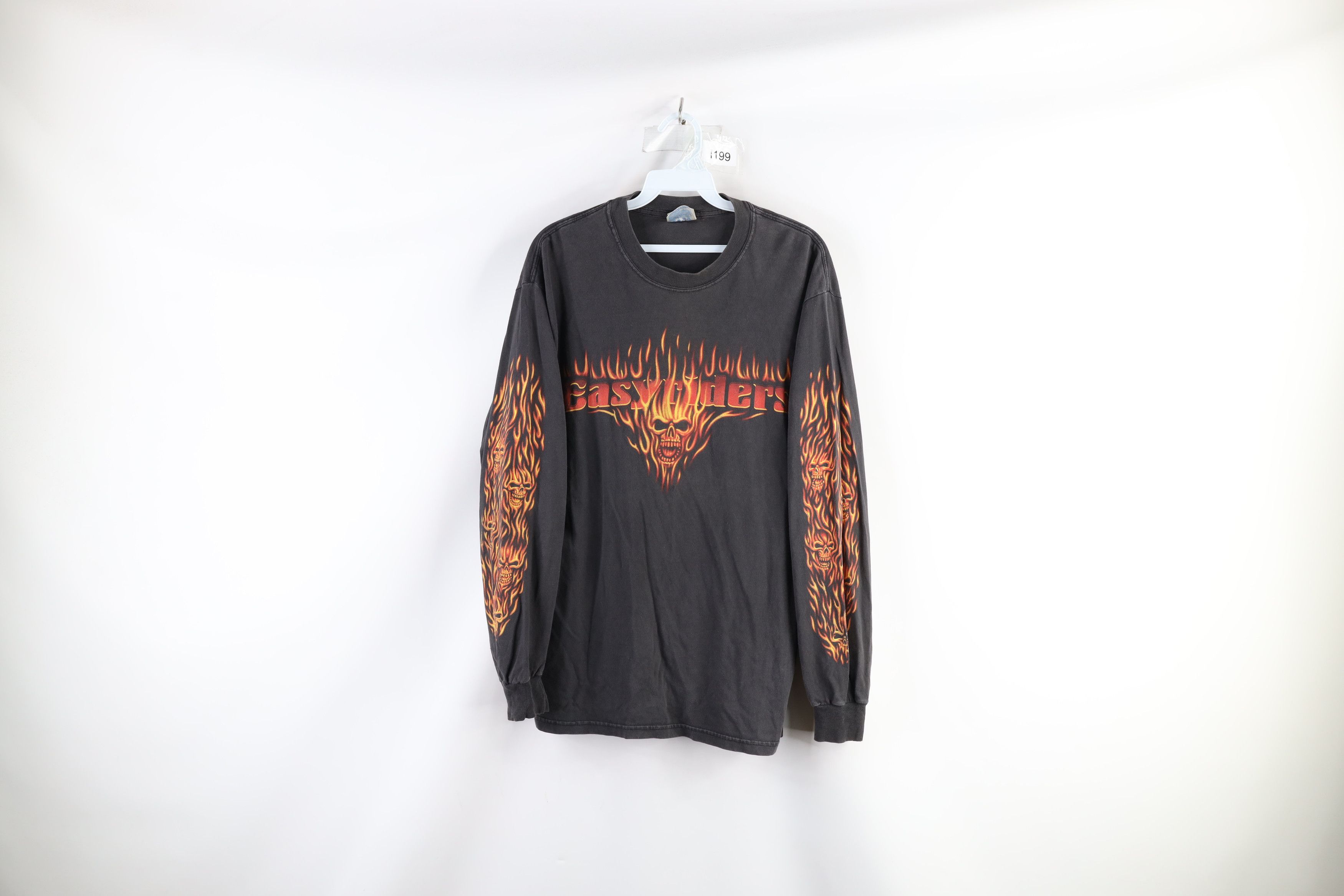 image of Vintage 90's Easyriders Out Skull Flames Long Sleeve T-Shirt in Black, Men's (Size Medium)