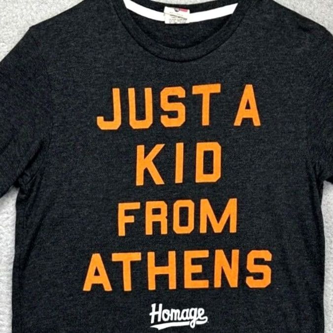 Vintage VINTAGE Homage T-Shirt Mens XS Grey Orange Just A Kid From Athens Tee Short Sleeve EUC Size US XS / EU 42 / 0 - 2 Thumbnail