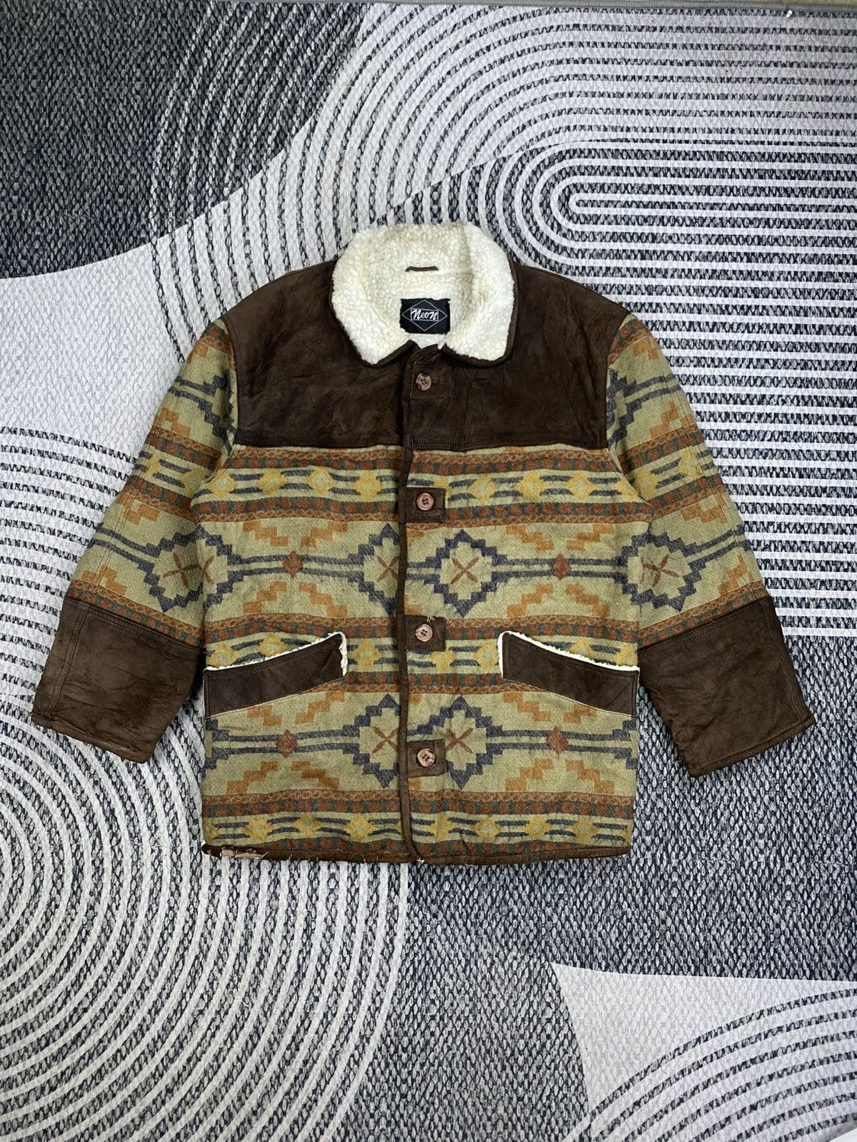 Vintage 🔥Vintage Neon Half Leather Navajo Wool Sherpa Lined Jacket Size US L / EU 52-54 / 3 - 1 Thumbnail