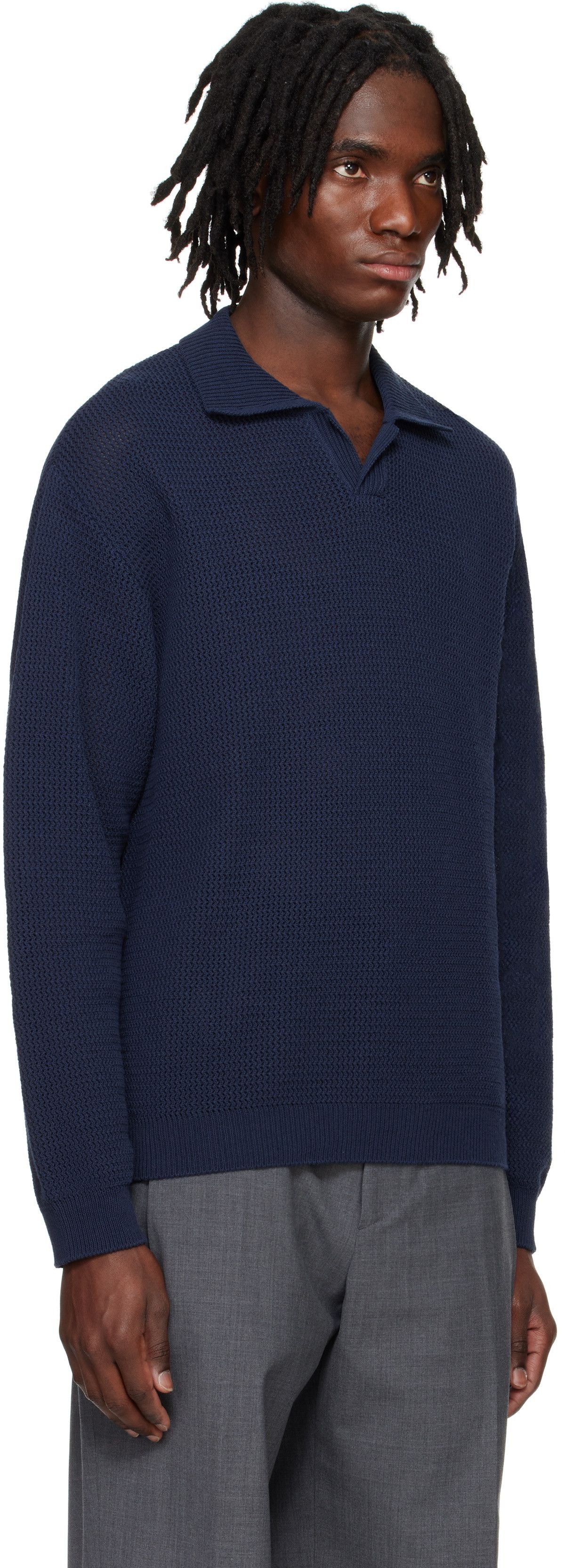 Solid Homme Solid Homme Navy Open-Knit Polo (SZ 50) Size US L / EU 52-54 / 3 - 1 Thumbnail