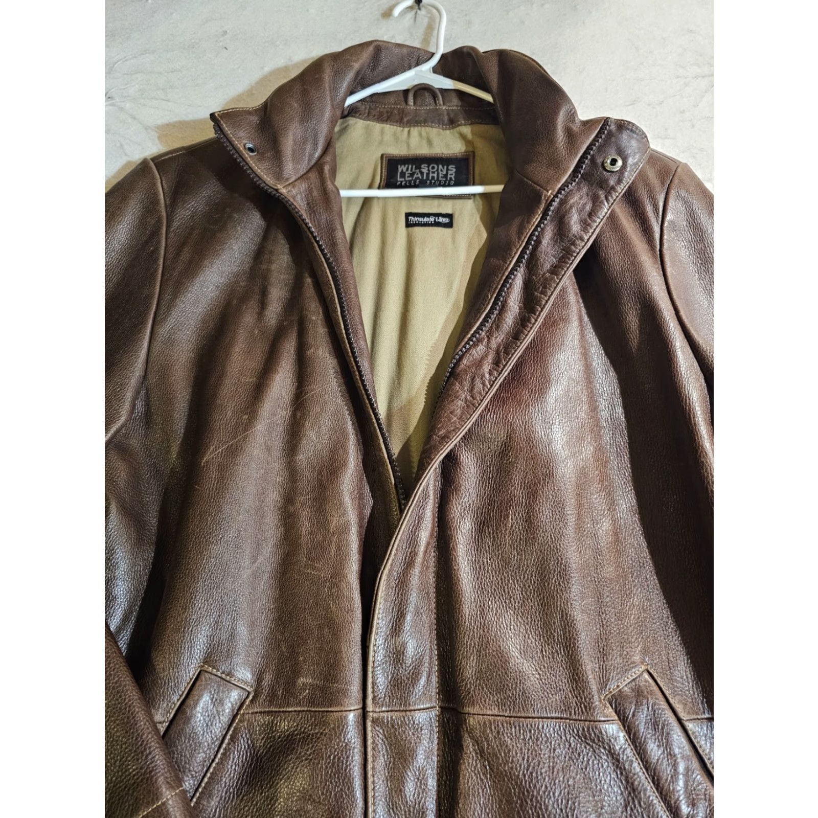 Wilson VINTAGE Pelle Studio Wilson Leather Distressed Hooded Jacket Thinsulate Ultra Mens Large L Brown Size US L / EU 52-54 / 3 - 6 Thumbnail