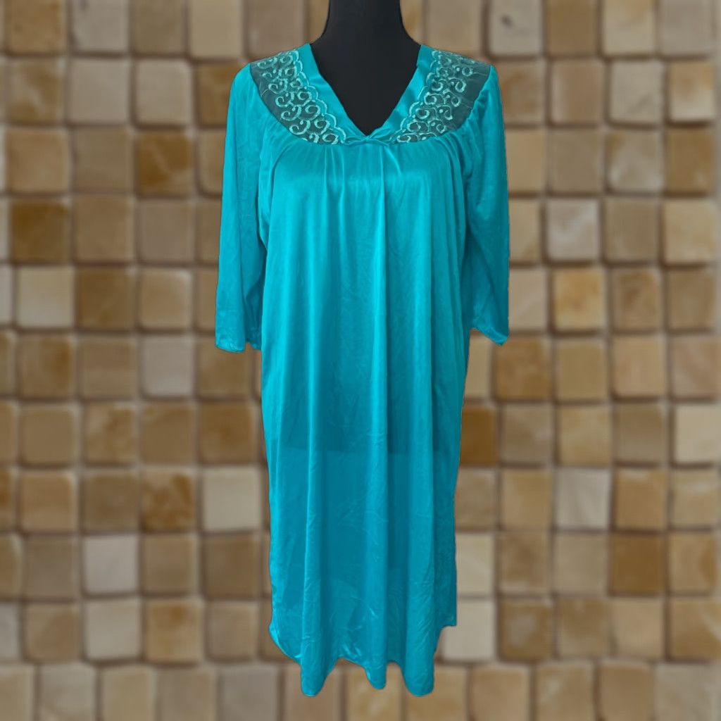 Haband VINTAGE Haband Moon Beam Nightgown Gown XL Teal Embroidered Women's Size ONE SIZE - 1 Thumbnail