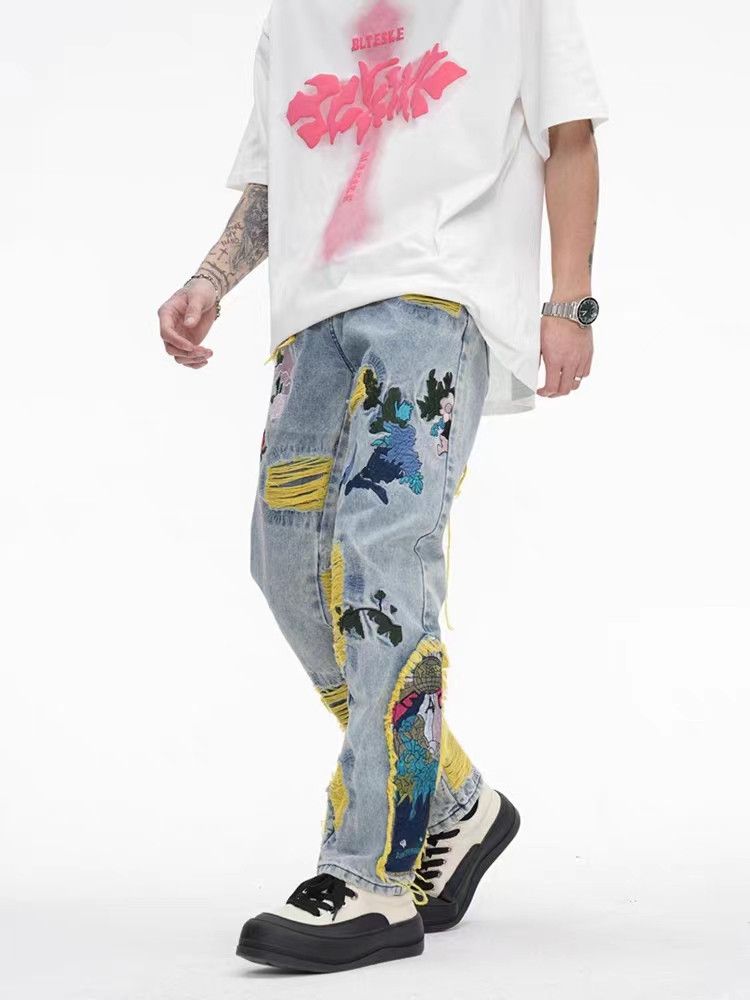 Jean Retro heavy embroidery ripped washed distressed jeans Size US 33 - 9 Thumbnail