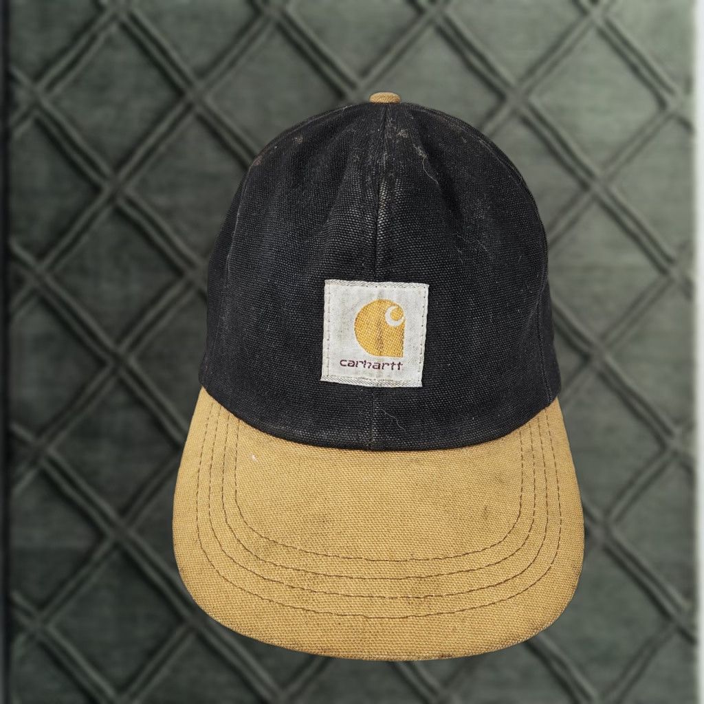 Carhartt VINTAGE Carhartt Hat Cap Fitted Mens M Black Canvas Tan Brim Insulated USA Workwear Size ONE SIZE - 1 Thumbnail