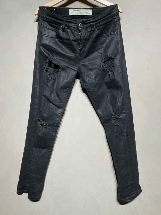 Off-White $735 WAX BLACK DENIM DISTRESSED SLIM JEANS SKINNY RIPPED