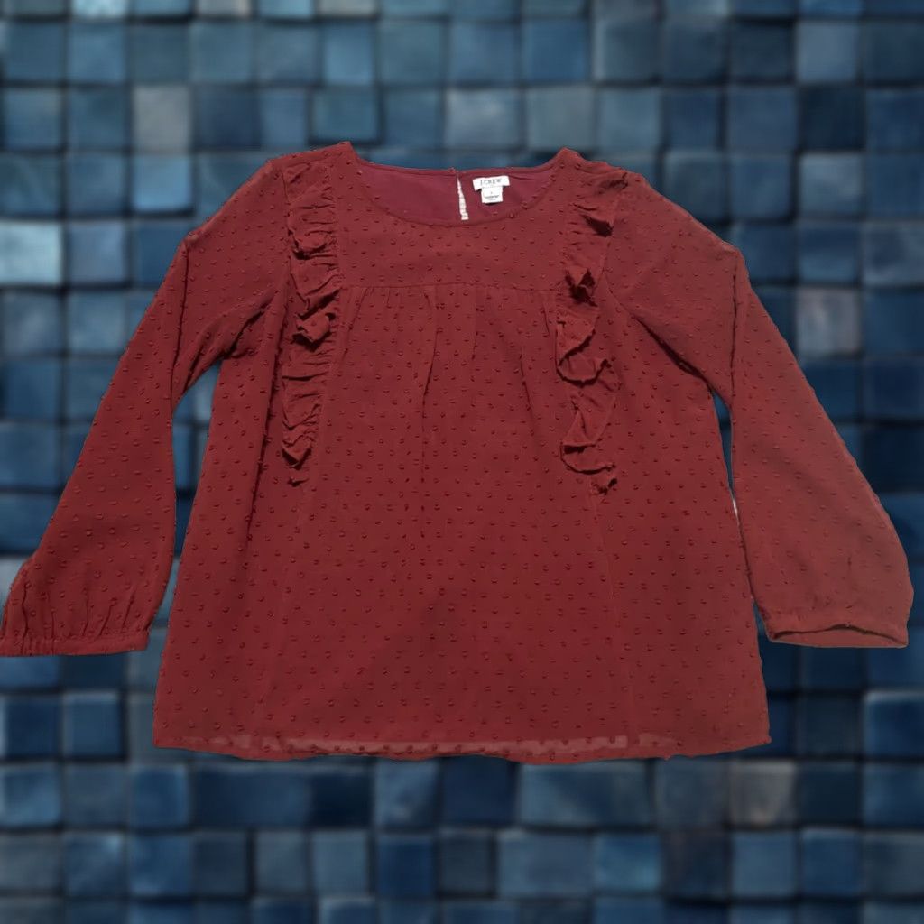 J.Crew J.CREW Shirt Red Solid Round Neck 3/4 Sleeve Lined Ruffle Womens Size 2 Casual Blouse Size XS / US 0-2 / IT 36-38 - 1 Thumbnail