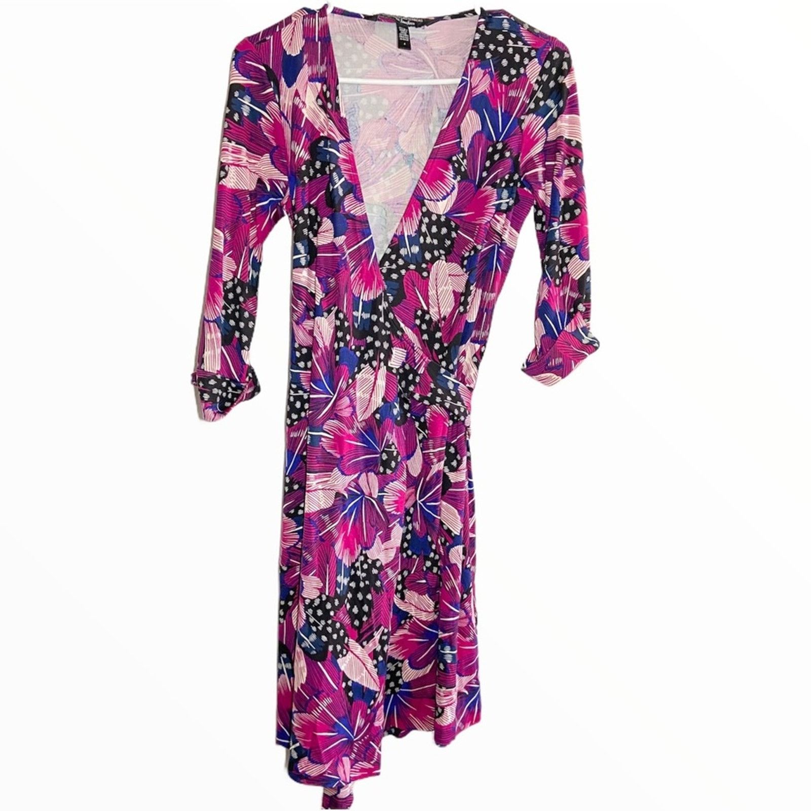 image of Diane Von Furstenberg Wrap Dress 100% Silk Cuffed Sleeves 4 in Purple, Women's (Size Small)