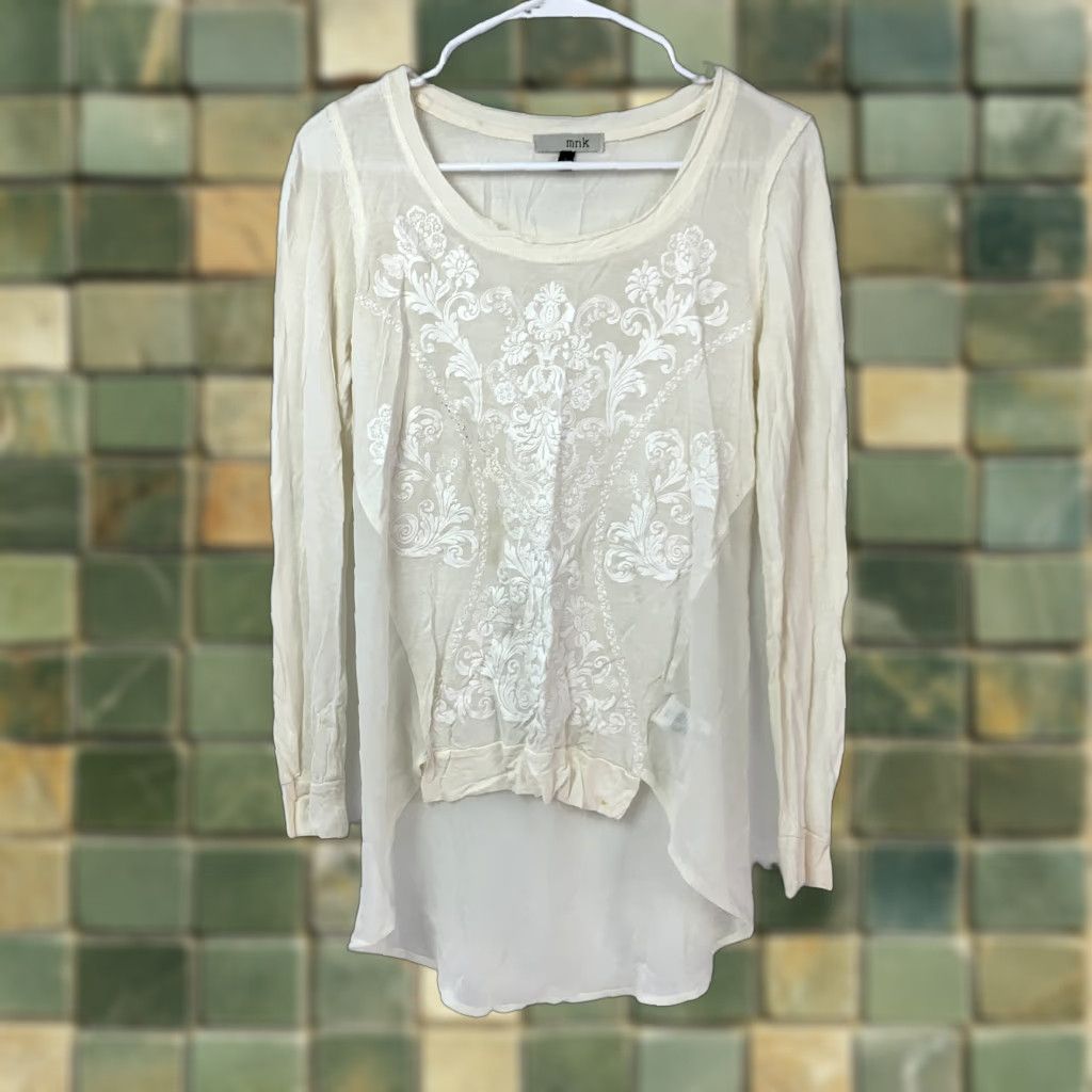 Vintage mnk Women's Ivory Blouse Long Sleeve Sheer High-Low Tunic Size S Boho Embroidered Crew Neck Mens Women Girls (Gender: Womens) Size S / US 4 / IT 40 - 1 Thumbnail