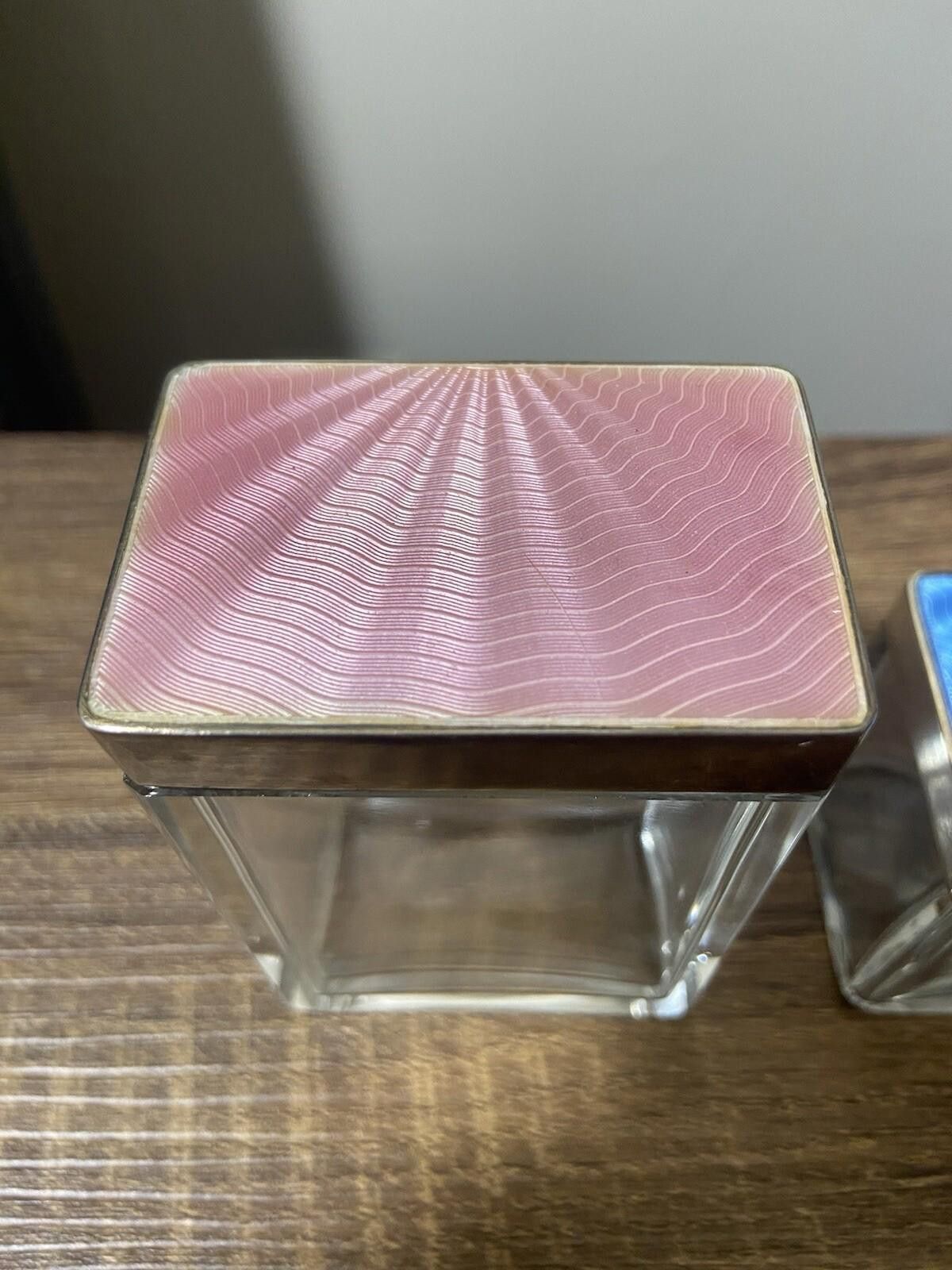 Designer Antique 925 Sterling Silver blue pink guilloche glassjar set Size ONE SIZE - 5 Thumbnail