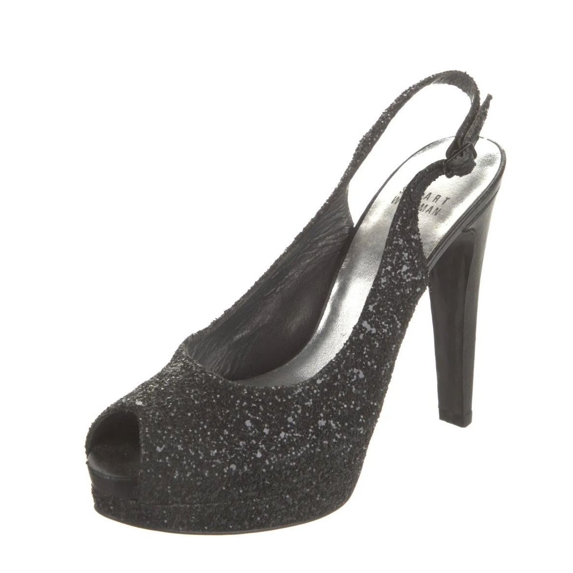 Stuart Weitzman STUART WEITZMAN Black Glitter Platform Slingback Pumps Size: Size US 7 / IT 37 - 1 Thumbnail
