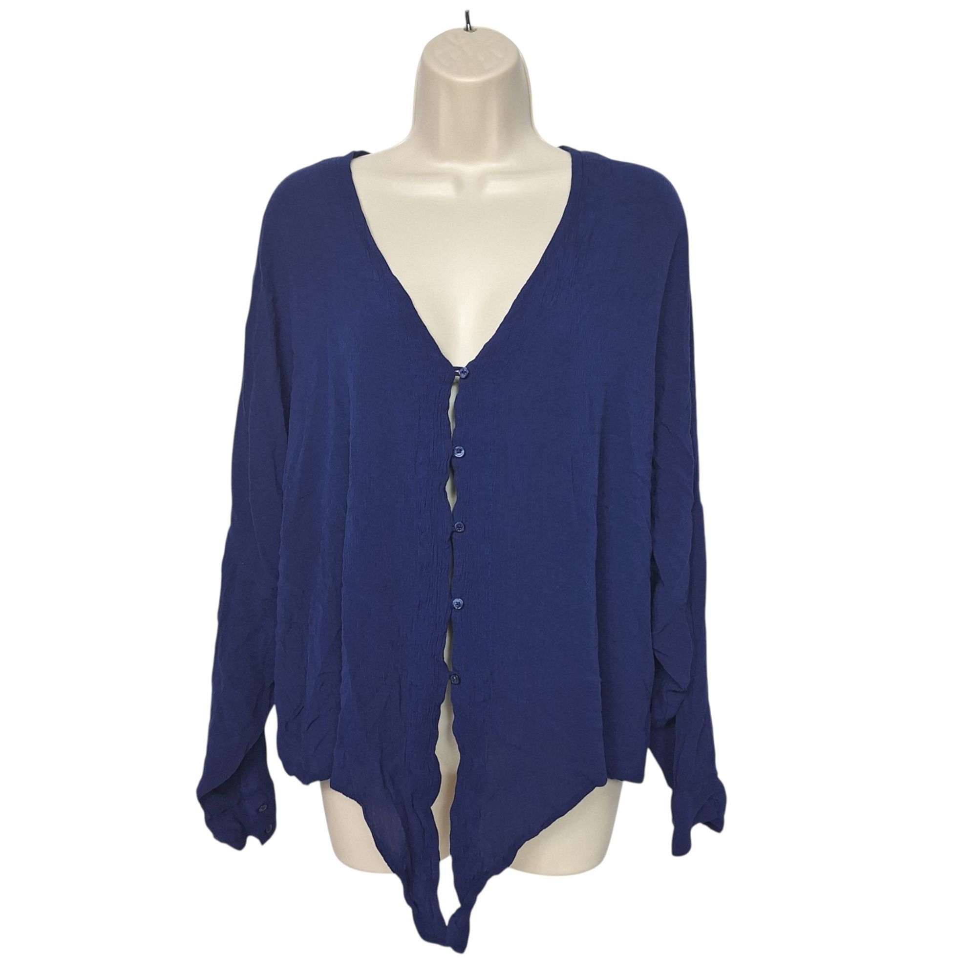 Express Express Royal Blue V-Neck Button Front Tie Front Rayon Blous Size XL / US 12-14 / IT 48-50 - 2 Thumbnail