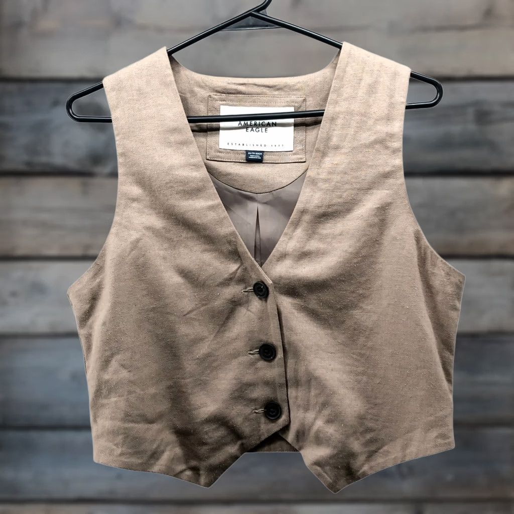 American Eagle Outfitters VINTAGE American Eagle Outfitters Linen Blend Vest Waistcoat Womens XS Tan Button Front V-Neck Size XS / US 0-2 / IT 36-38 - 1 Thumbnail