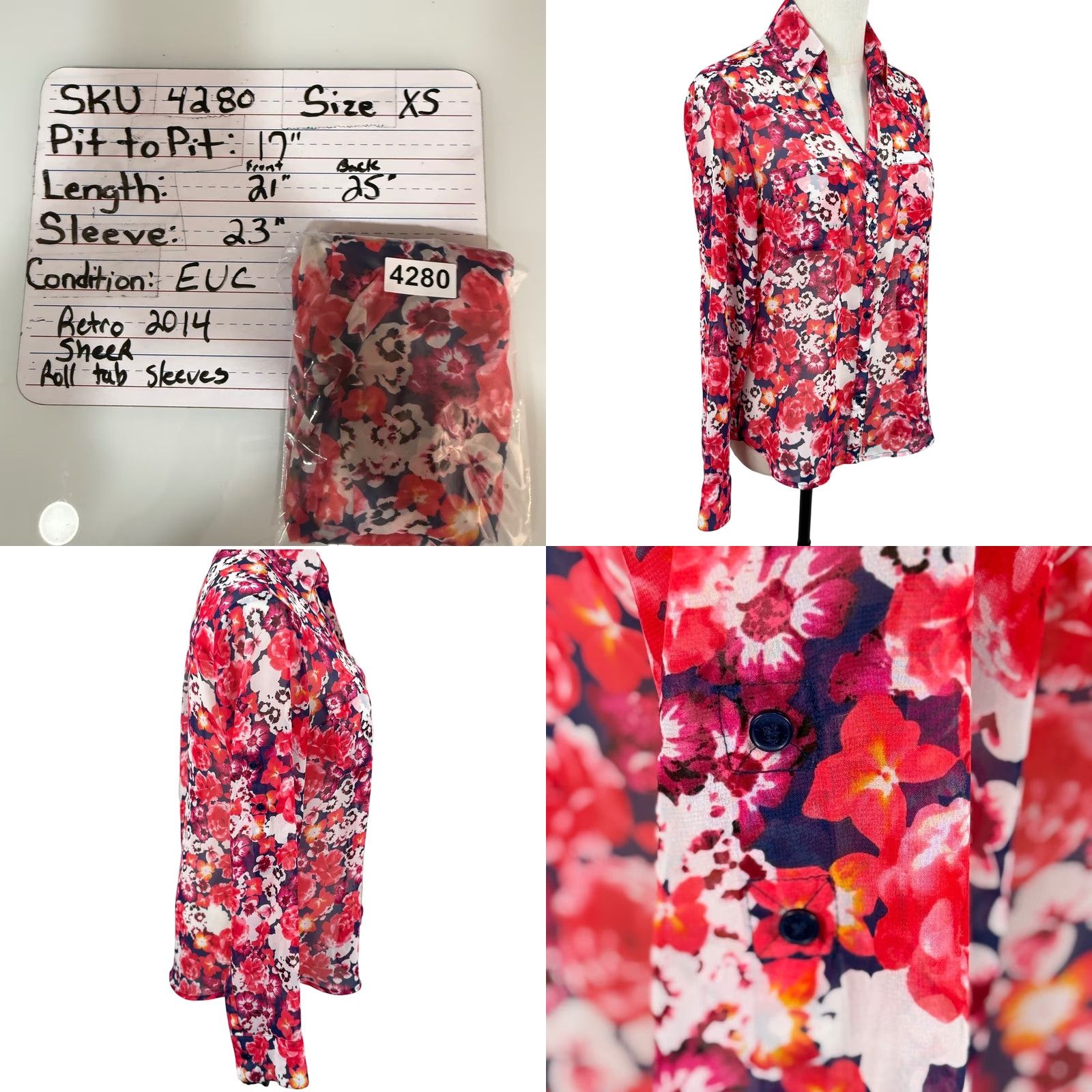 Express EUC Y2K Express Portofino XS Sheer Dark Floral Button Down Blouse RollTab Sleeve Boys? Womens Size XS / US 0-2 / IT 36-38 - 8 Thumbnail