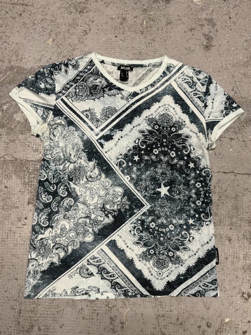 Designer × Just Cavalli × Vintage 2010s Cavalli Ornament Blue Presley Print T-Shirt Size S / US 4 / IT 40 - 1 Thumbnail