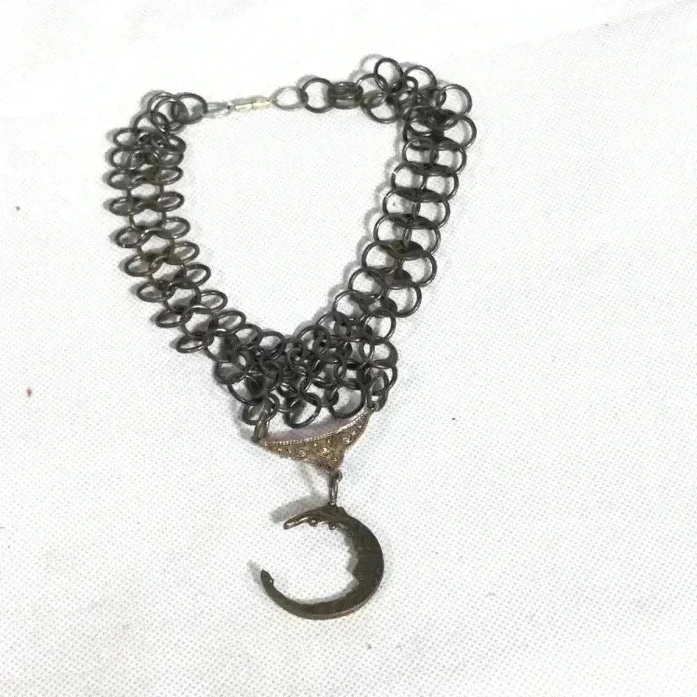 Vintage One of a kind Chainmail Crescent Moon Necklace barrel clasp Size ONE SIZE - 1 Thumbnail