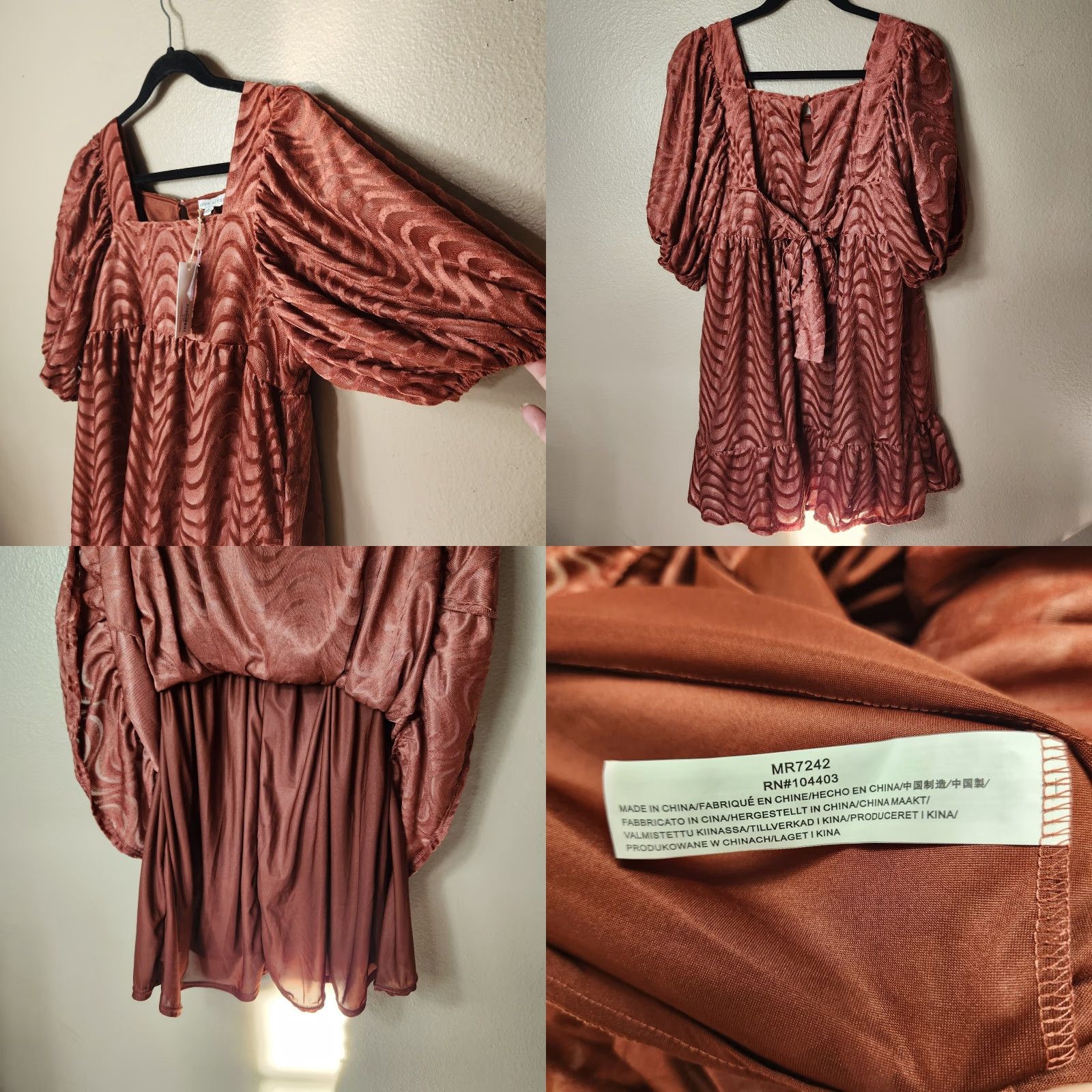 Vintage Moon River Rust Square Neck Half Puff Sleeve Mini Velvet Dress-Size L (NWT) Womens Bohemian Autumn Party/Cocktail Velvet Mini Dress Size L / US 10 / IT 46 - 8 Thumbnail