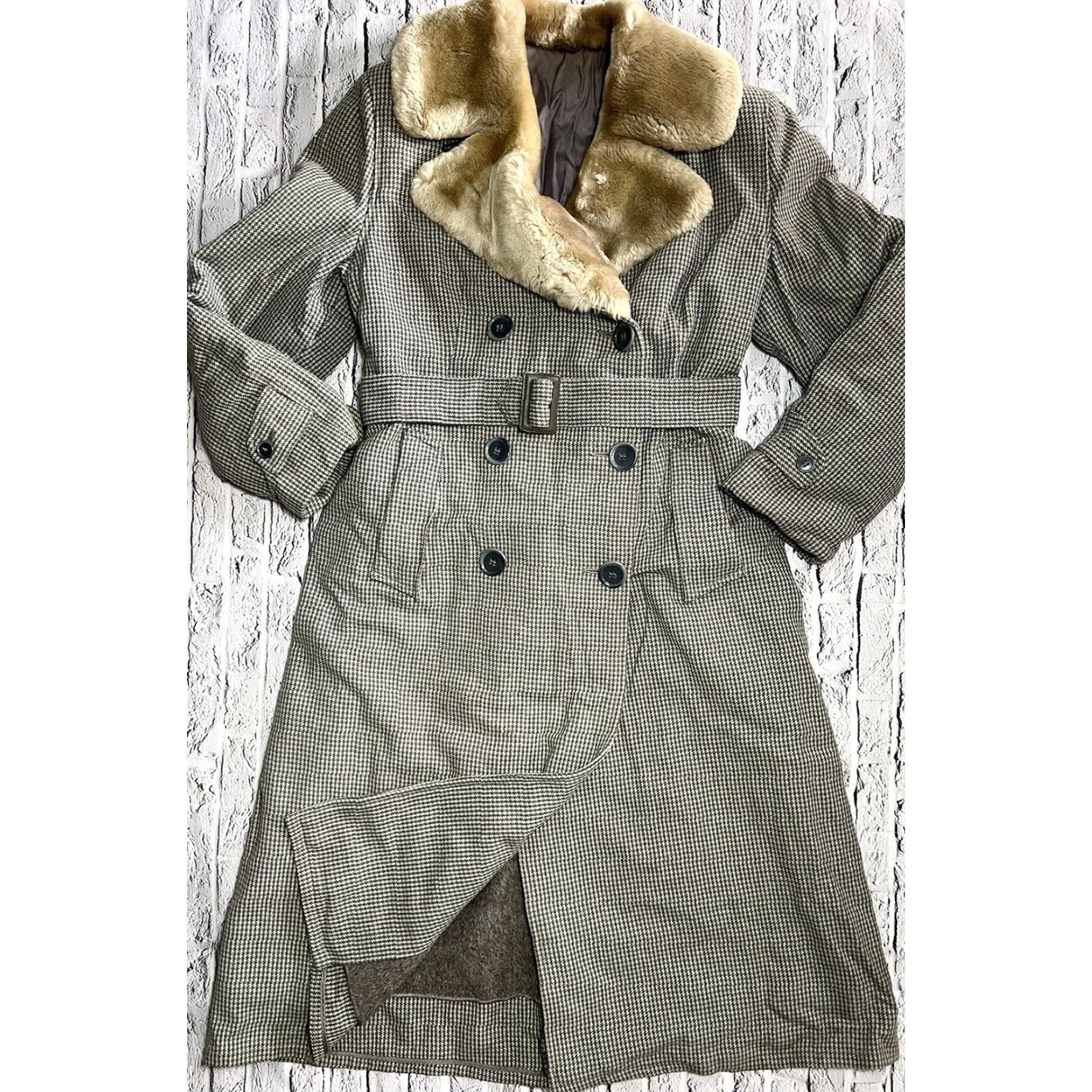 Greats VINTAGE robitshek schneider Great Western Wool Houndstooth Jacket Womens Coat Overcoat S Green Fur Trim Double Breasted Belted Wool Lined Buttoned Size S / US 4 / IT 40 - 2 Thumbnail