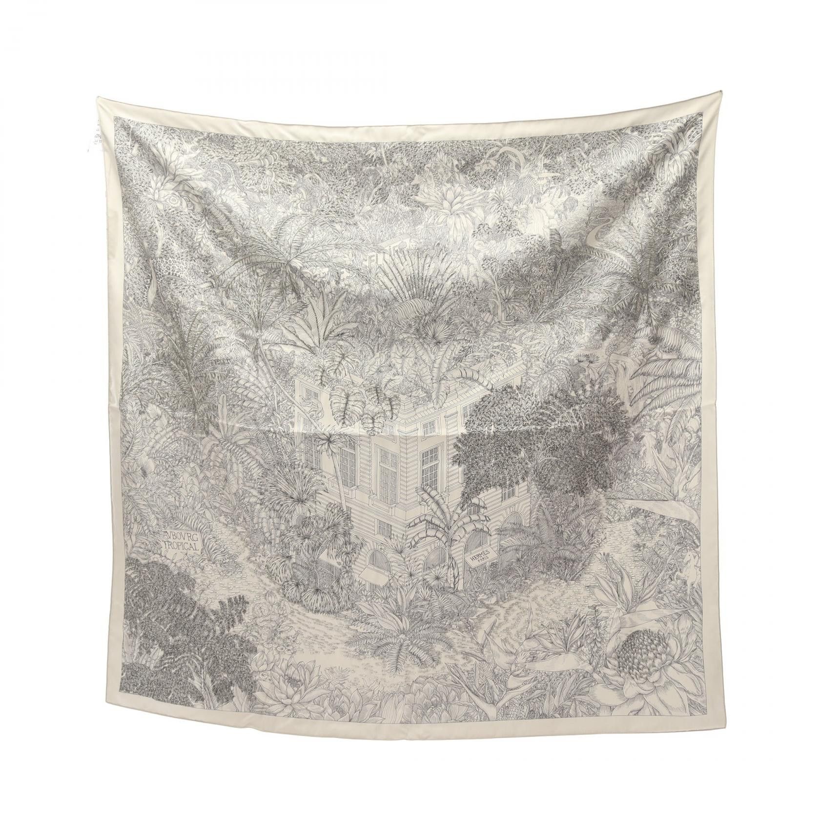 Hermes Hermes Carres 90 Faubourg Tropical Scarf Silk Light Gray Multicolor Bead Embroidery Size ONE SIZE - 1 Thumbnail