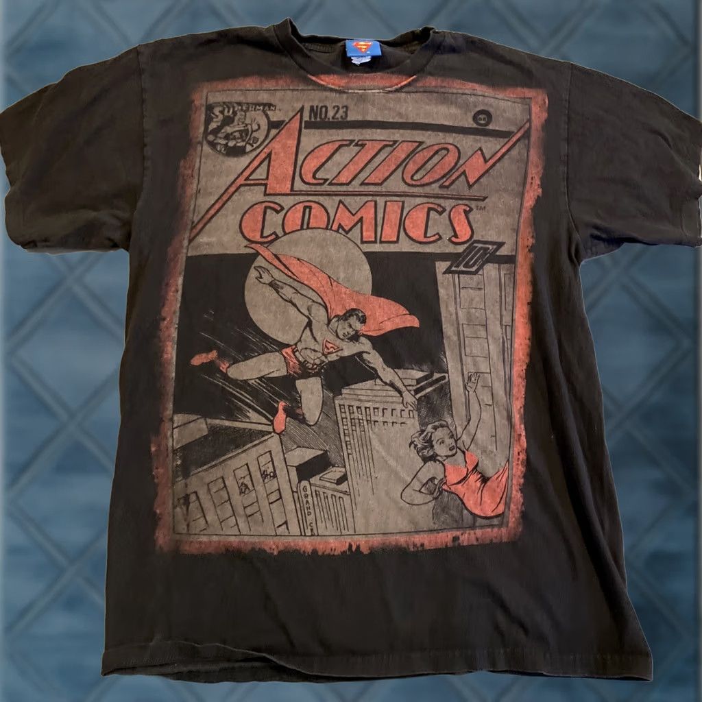 Vintage VINTAGE Superman T-Shirt Graphic Tee Short Sleeve Large Black Men Classic 100% Cotton Action Comics #23 Graphic Print Comics Theme Mens Size US L / EU 52-54 / 3 - 1 Thumbnail