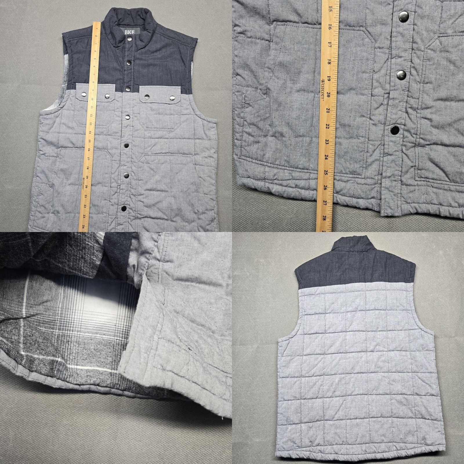 BKE BKE Vest Mens M Gray Chambray Quilted Snap Front Pockets Plaid Lined Size US M / EU 48-50 / 2 - 8 Thumbnail