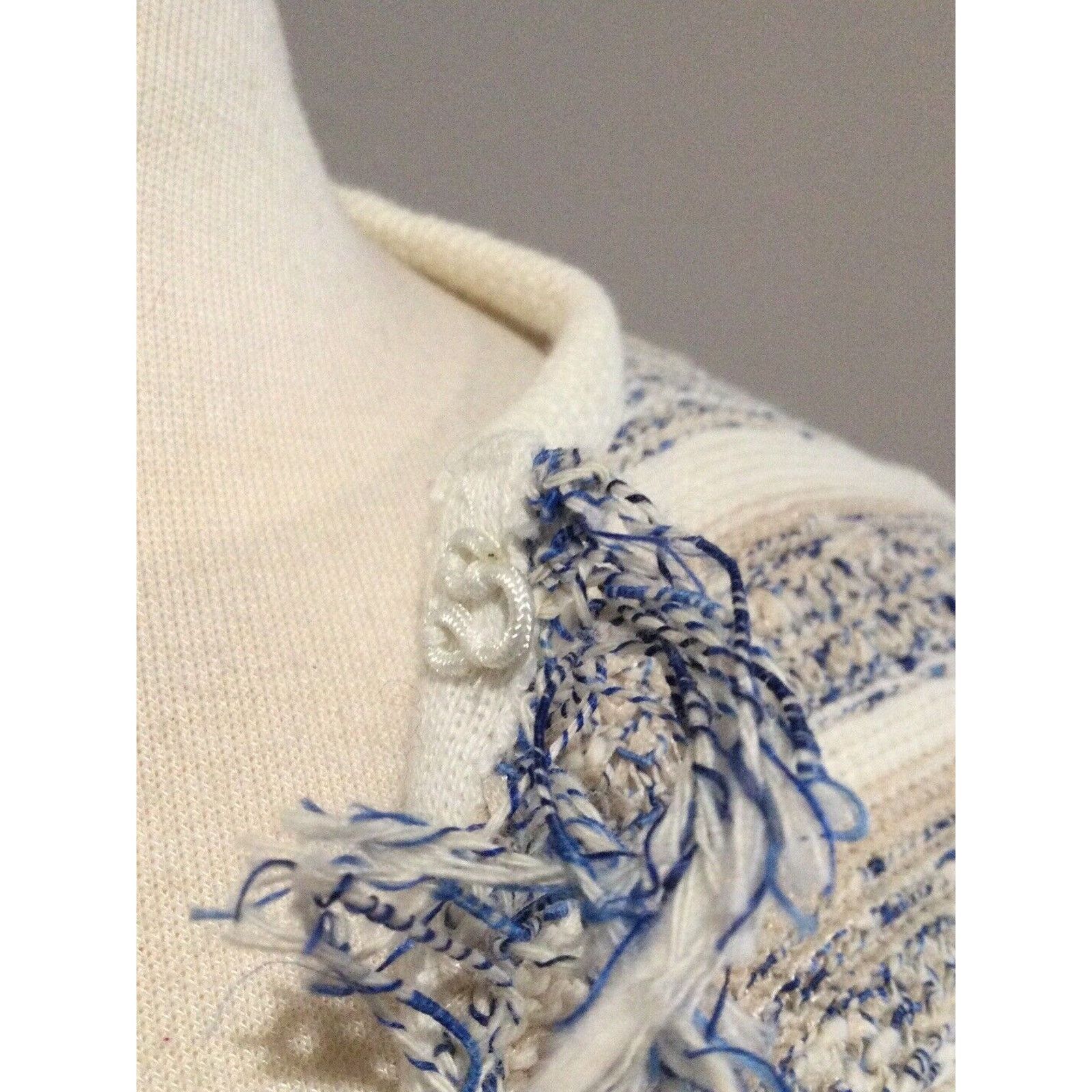 Chicos Chico's Fringe Tan Blue & White Knit Cardigan Size 0/S/4 Size S / US 4 / IT 40 - 6 Thumbnail