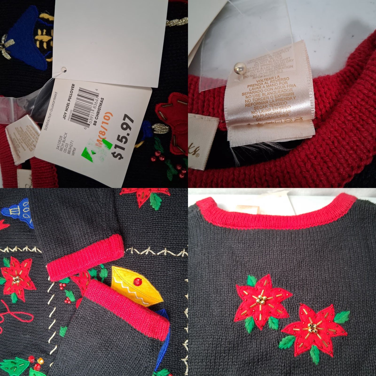 Vintage VINTAGE Bobbie Brooks Ugly Christmas Sweater Shirt Women M Black Beaded Bells Poinsettia 90s Christmas Holiday Trend Size M / US 6-8 / IT 42-44 - 8 Thumbnail
