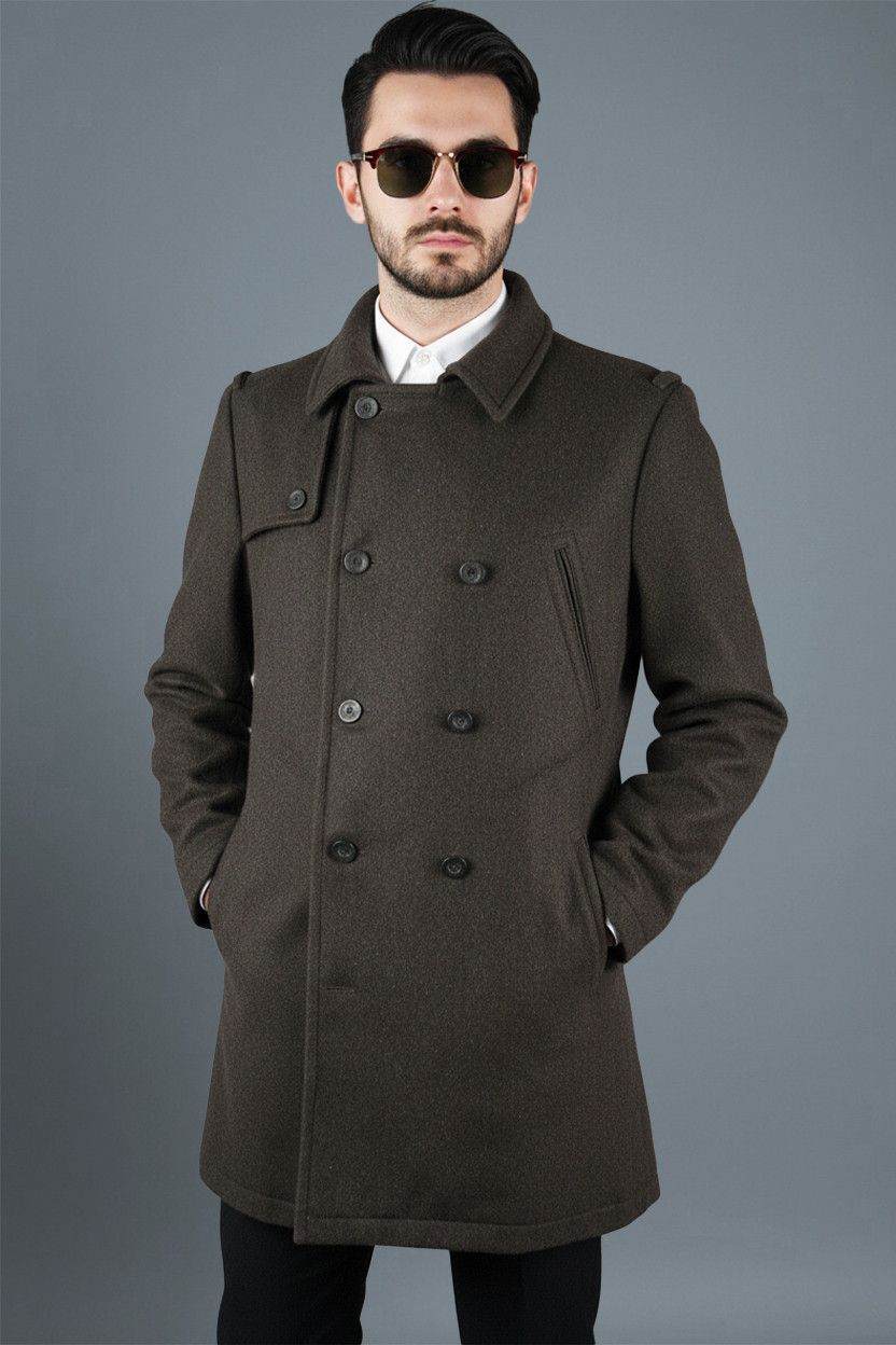 Vintage Y2K John Rocha men's woolen double-breasted dark brown coat Size US M / EU 48-50 / 2 - 1 Thumbnail