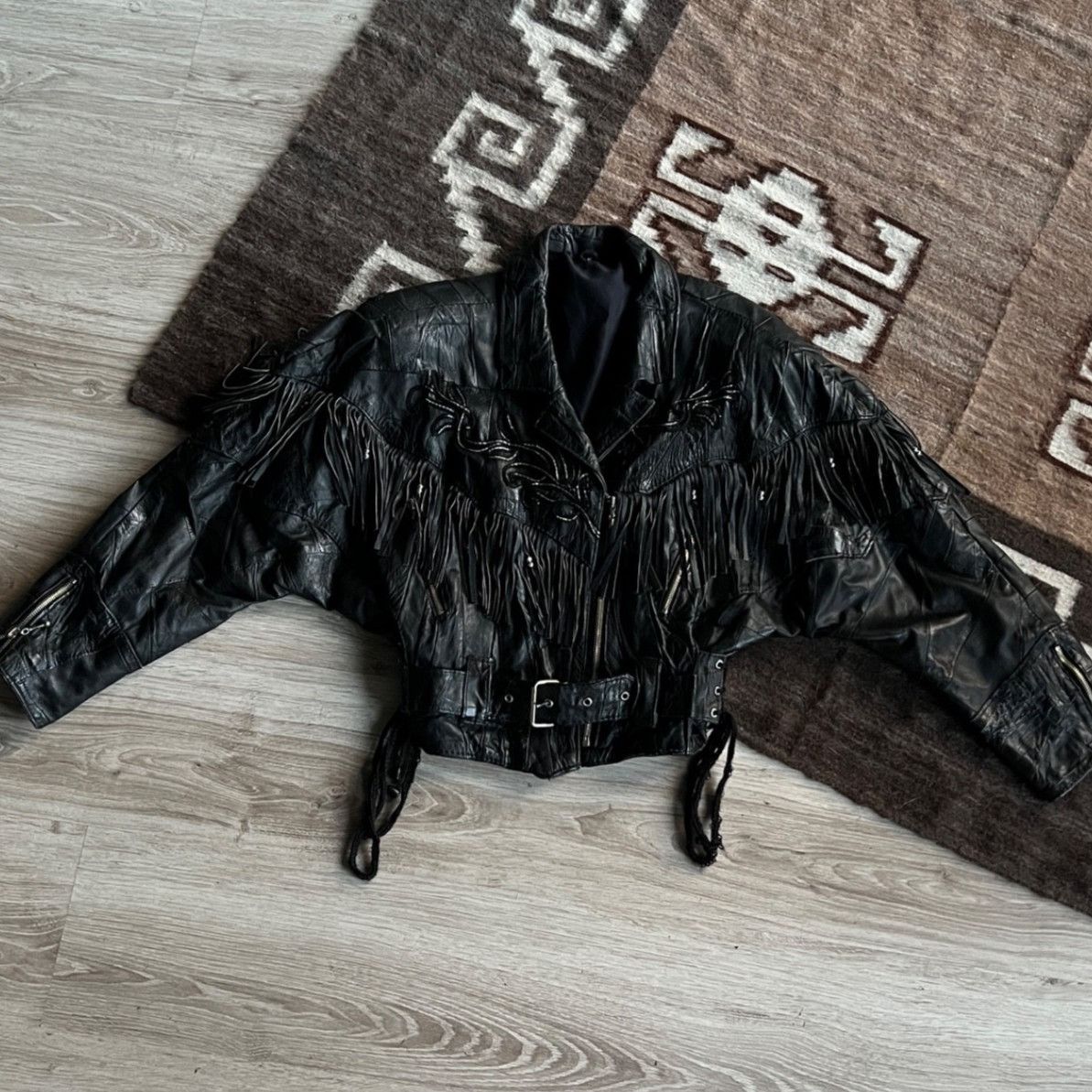 Leather Vintage Leather Fringe Western Biker Patchwork Jacket 9723AC Size S / US 4 / IT 40 - 5 Thumbnail