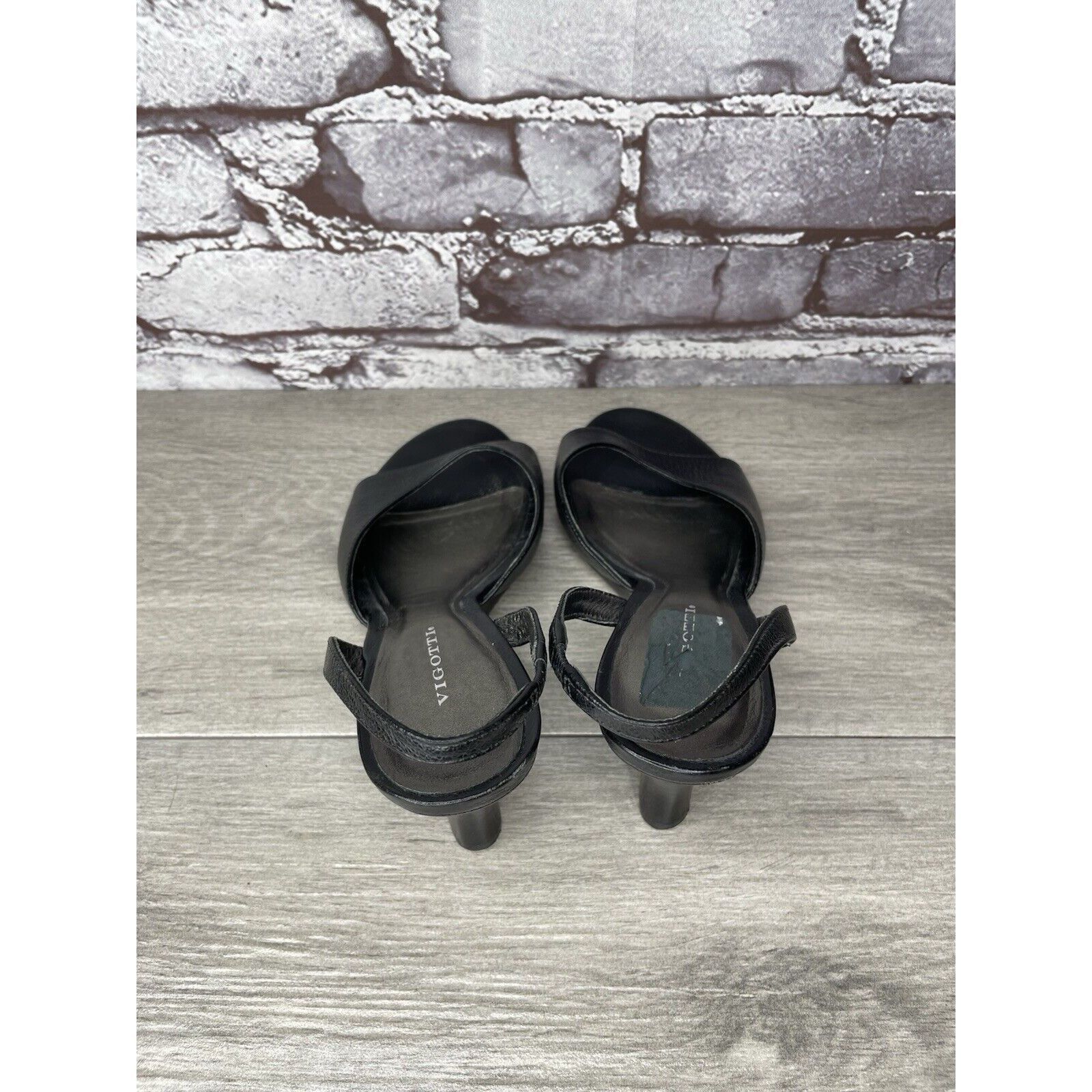Other Vigotti Black Leather Open Toe Slingback High Wedge Sandals Size US 7 / IT 37 - 5 Thumbnail