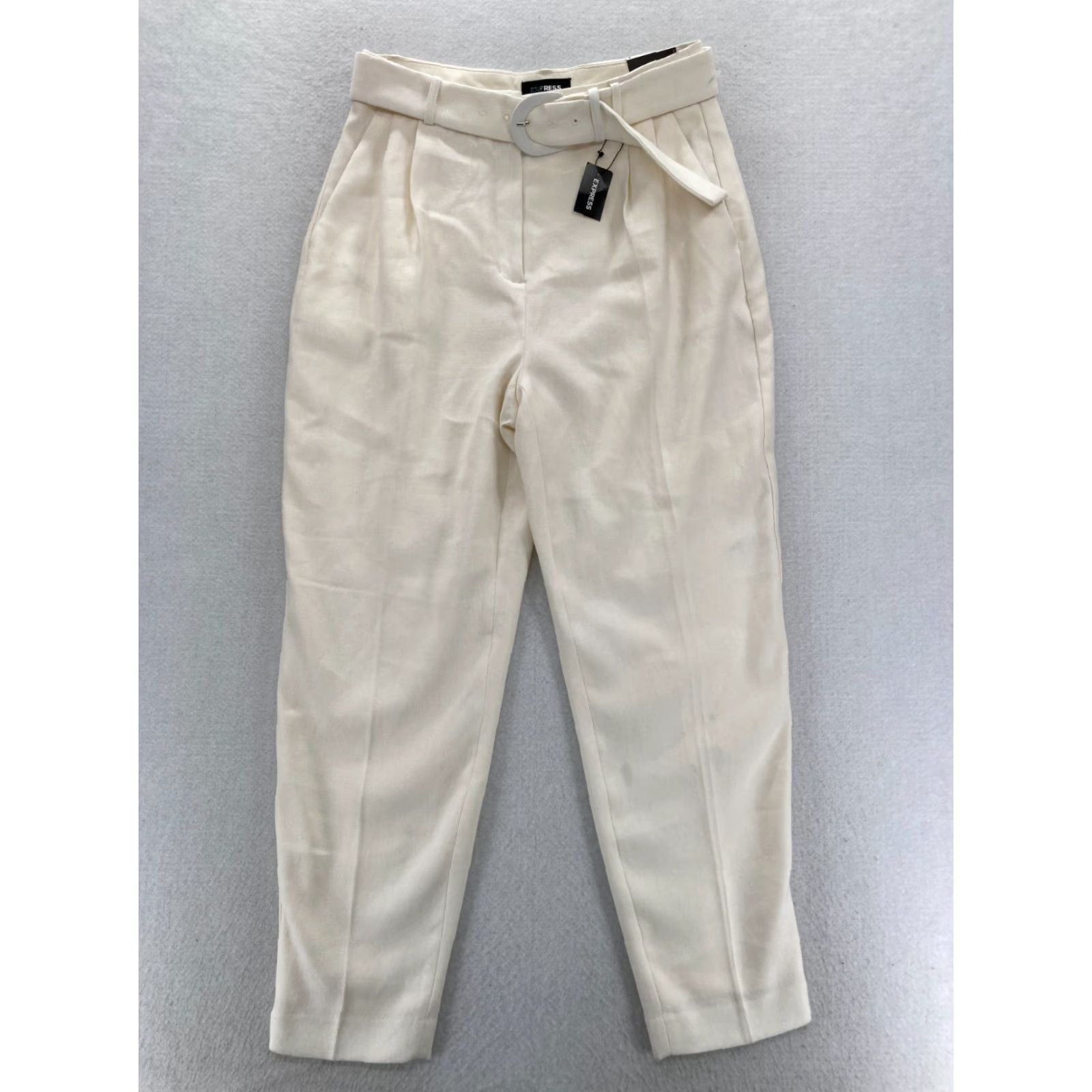 Express Express Ankle Pants Women's 8 Beige Linen Blend Stretch Material Pleated Belted Pants Size 30" / US 8 / IT 44 - 2 Thumbnail