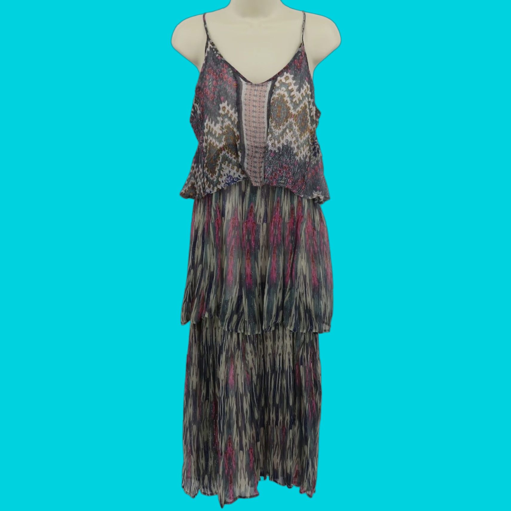 Meadow Rue Anthropologie Women Sundress 6 Multicolor Metallic Crinkle Tiered Sleeveless Dress Long Casual Formal Wedding 90s?