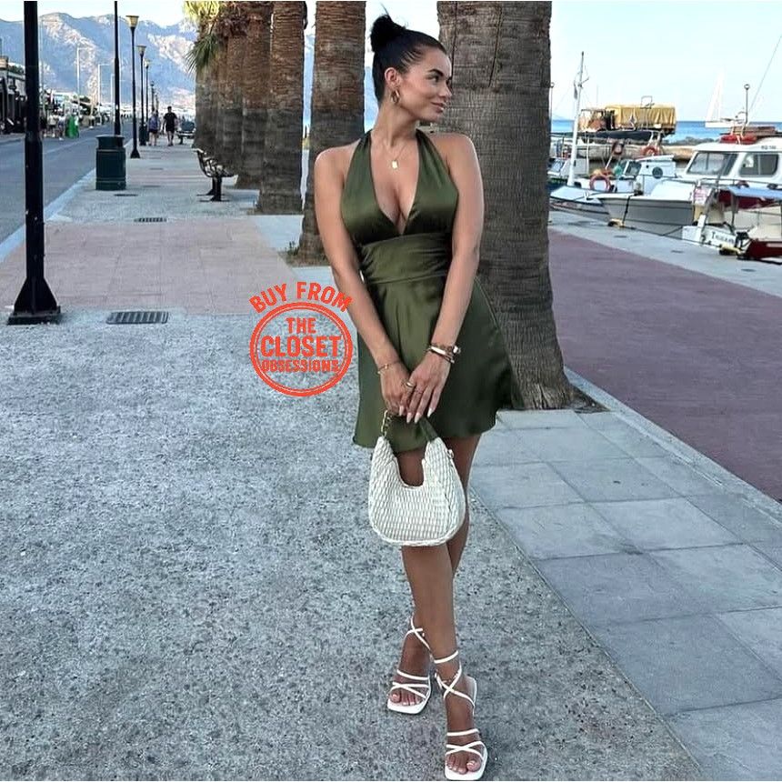 Zara Zara Satin Halter Mini Dress Olive Green Open Back NWT Size L / US 10 / IT 46 - 17 Thumbnail