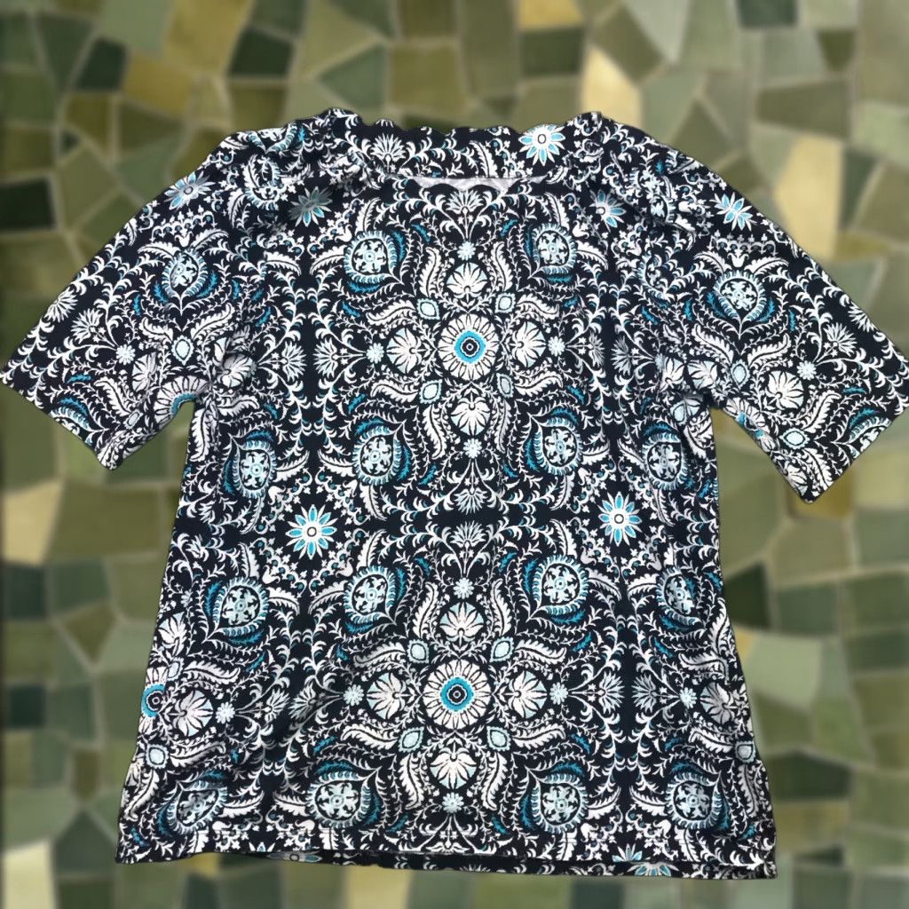 Talbots Talbots Blouse Shirt Womens Small Blue Geometric Floral Flowy Elastic Neckline Short Sleeve 100% Cotton Pullover Size S / US 4 / IT 40 - 1 Thumbnail